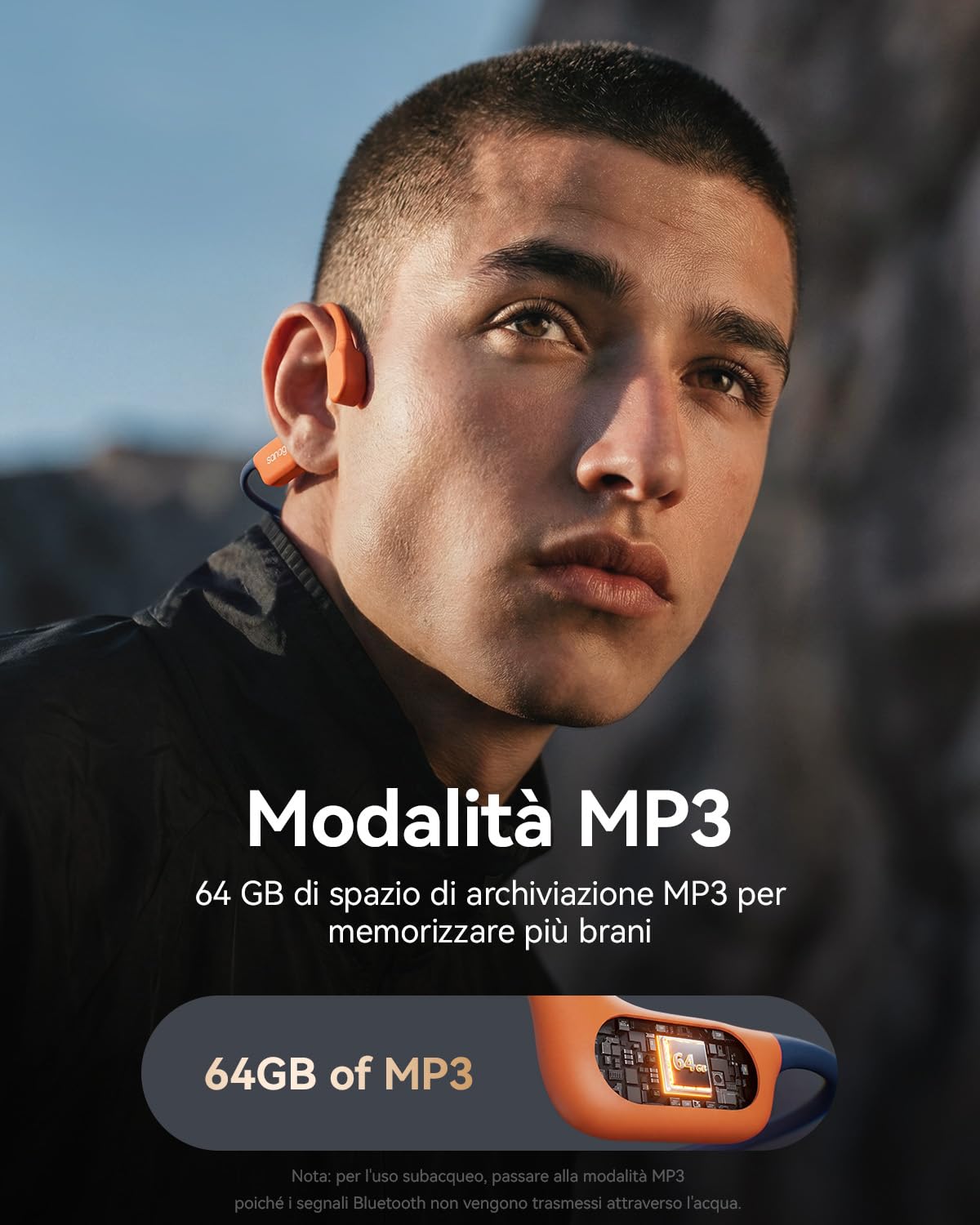 SANAG Cuffie a Conduzione Ossea, IP68 Impermeabili per Nuoto, MP3 Integrato 64GB, Bluetooth 6.0, Rivestimento in Silicone Liquido, Open Ear con AI Noise Cancelling, 9 Ore di Autonomia, Premium Sound