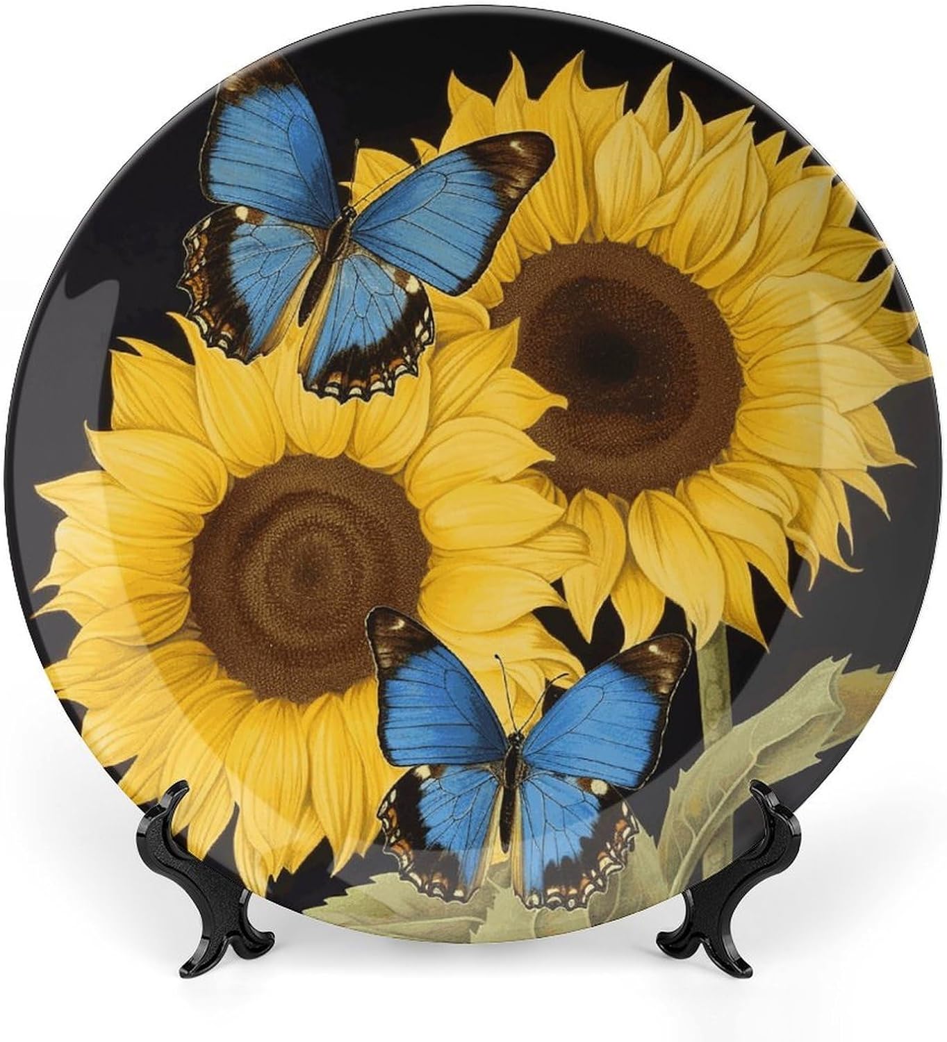 Sunflowers Blue Butterflies Bone China Decorative Plate with Stand 6inch