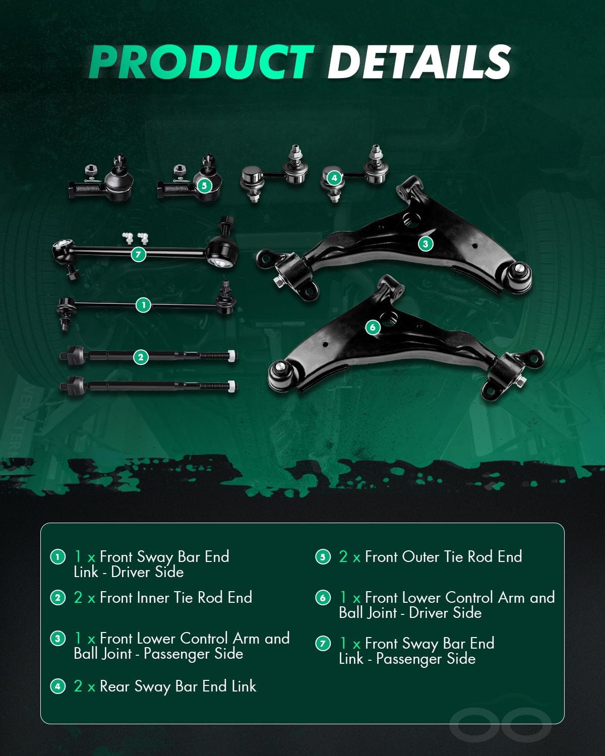 SCITOO 10pcs Suspension Kit For Dodge Stratus For Chrysler Sebring For Mitsubishi Eclipse 2002-2005 (w/Parts Lower Control Arm and Ball Joint, Sway Bar Link, Inner Outer Tie Rod End)