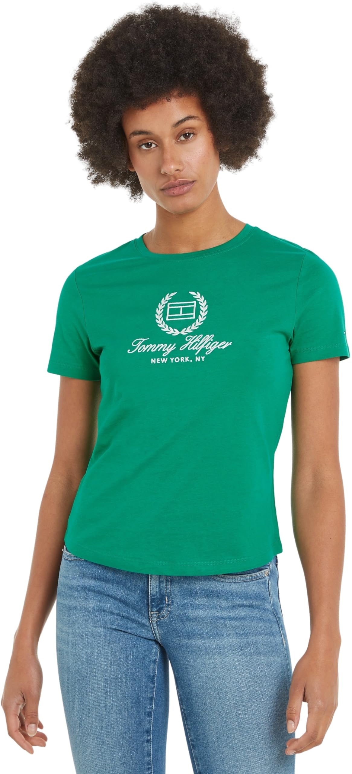 Tommy Hilfiger Camiseta de Manga Corta para Mujer Slim Flag Tee Cuello Redondo