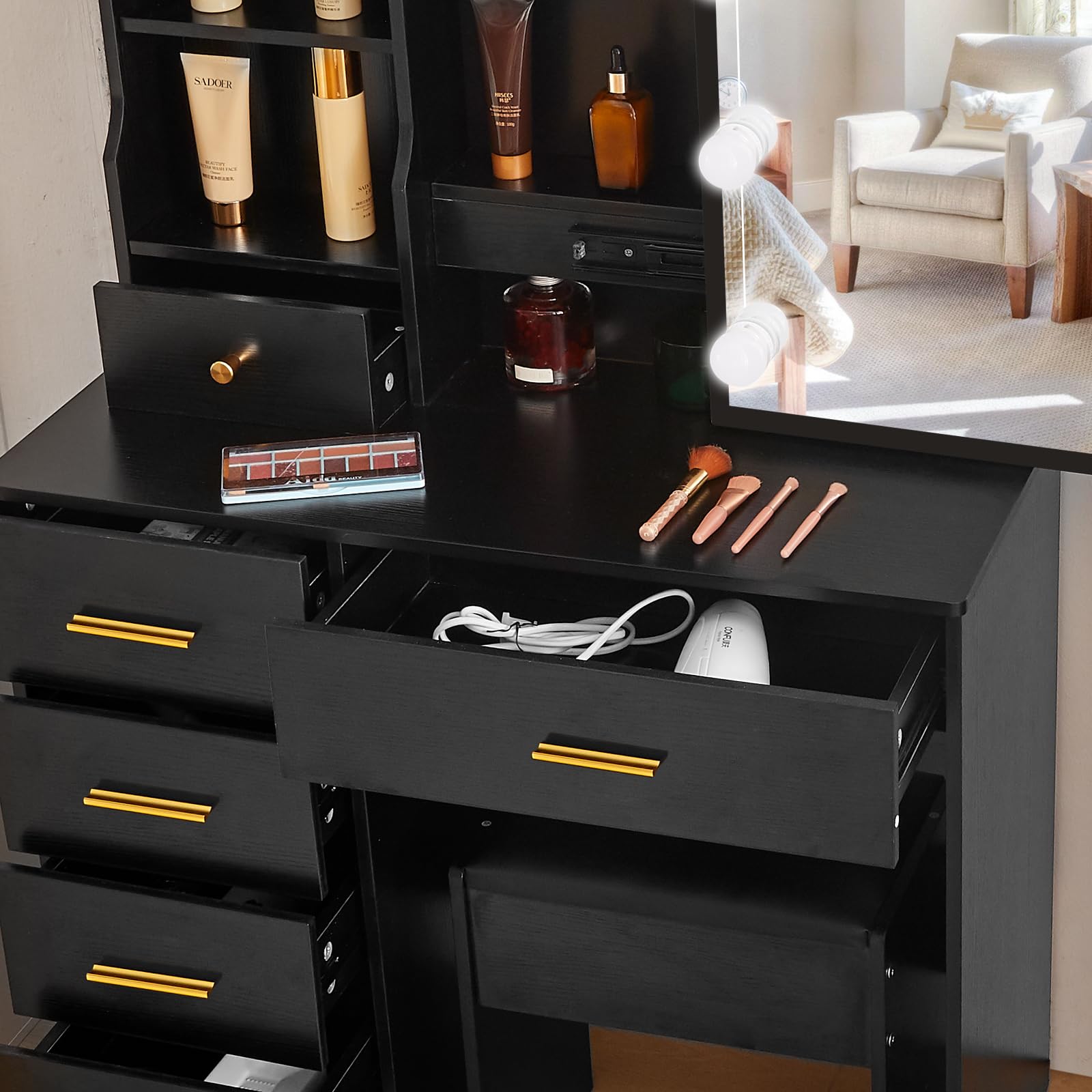 Tocador con iluminación, mesa de maquillaje con taburete para maquillaje, mesa de cosméticos con cajones y espejo, brillo ajustable, moderno, 130x80x36 cm, negro