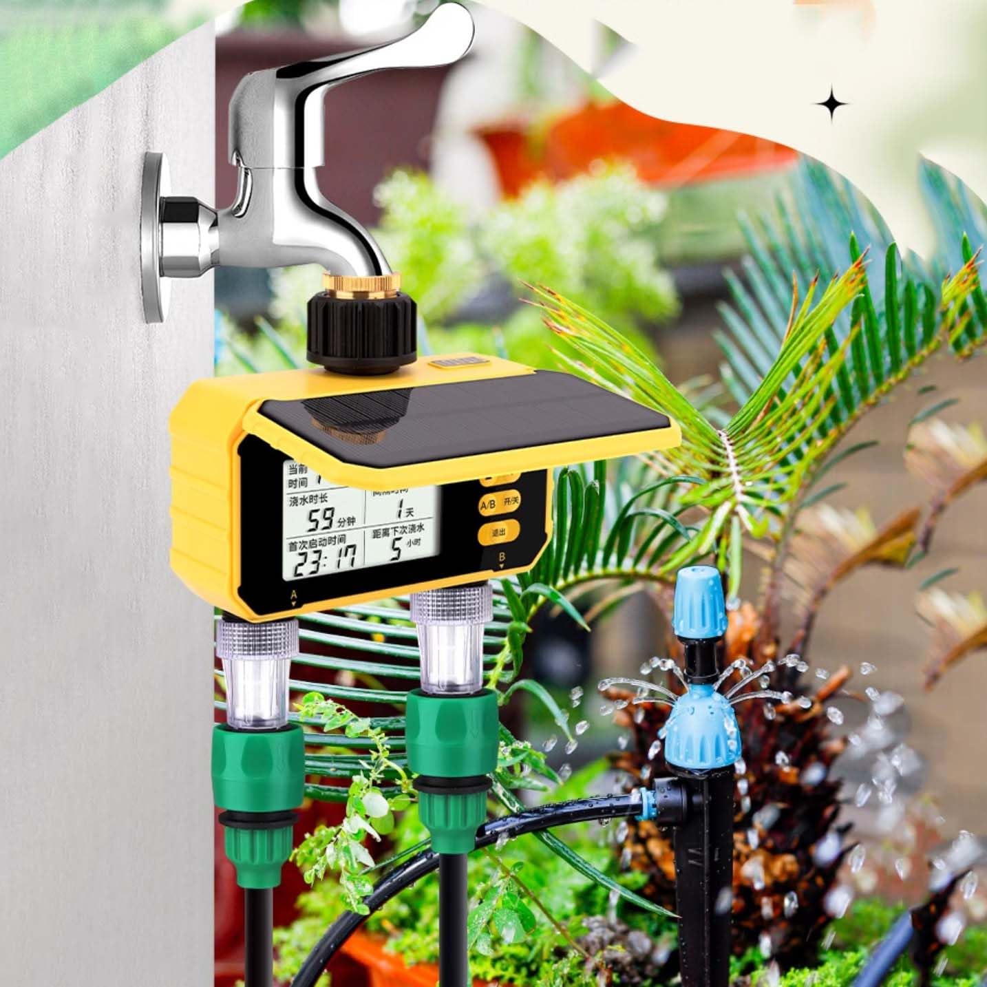 Sistema di irrigazione a doppio canale a energia solare con sensore di pioggia, kit completo di irrigazione a goccia da 10 m, temporizzazione indipendente per piante in vaso da giardino