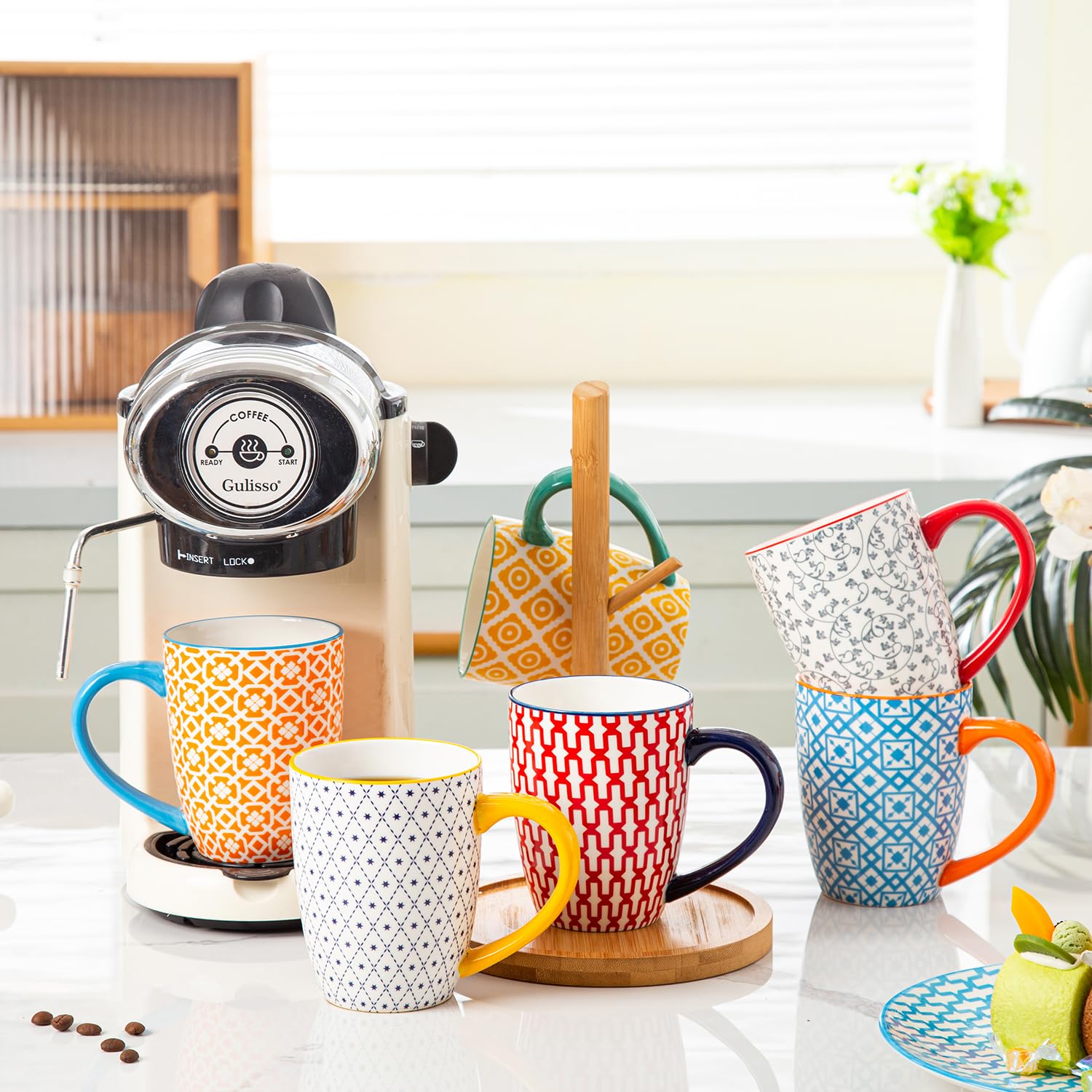 Keramik Kaffeebecher Set - 470 ml große Porzellan-Teebecher mit Griff für Frauen Männer Kakao Latte Cappuccino - Weihnachten Housewarming Geschenk - Set von 6 - Bunt
