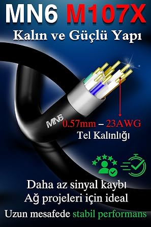 MN6 M107X CAT6 Dış Mekan Ethernet Kablosu 15 Metre UV Korumalı RJ45 LAN İnternet Kablosu, 23AWG 0.57mm, Çift Katmanlı PE+PVC Dış Kılıf