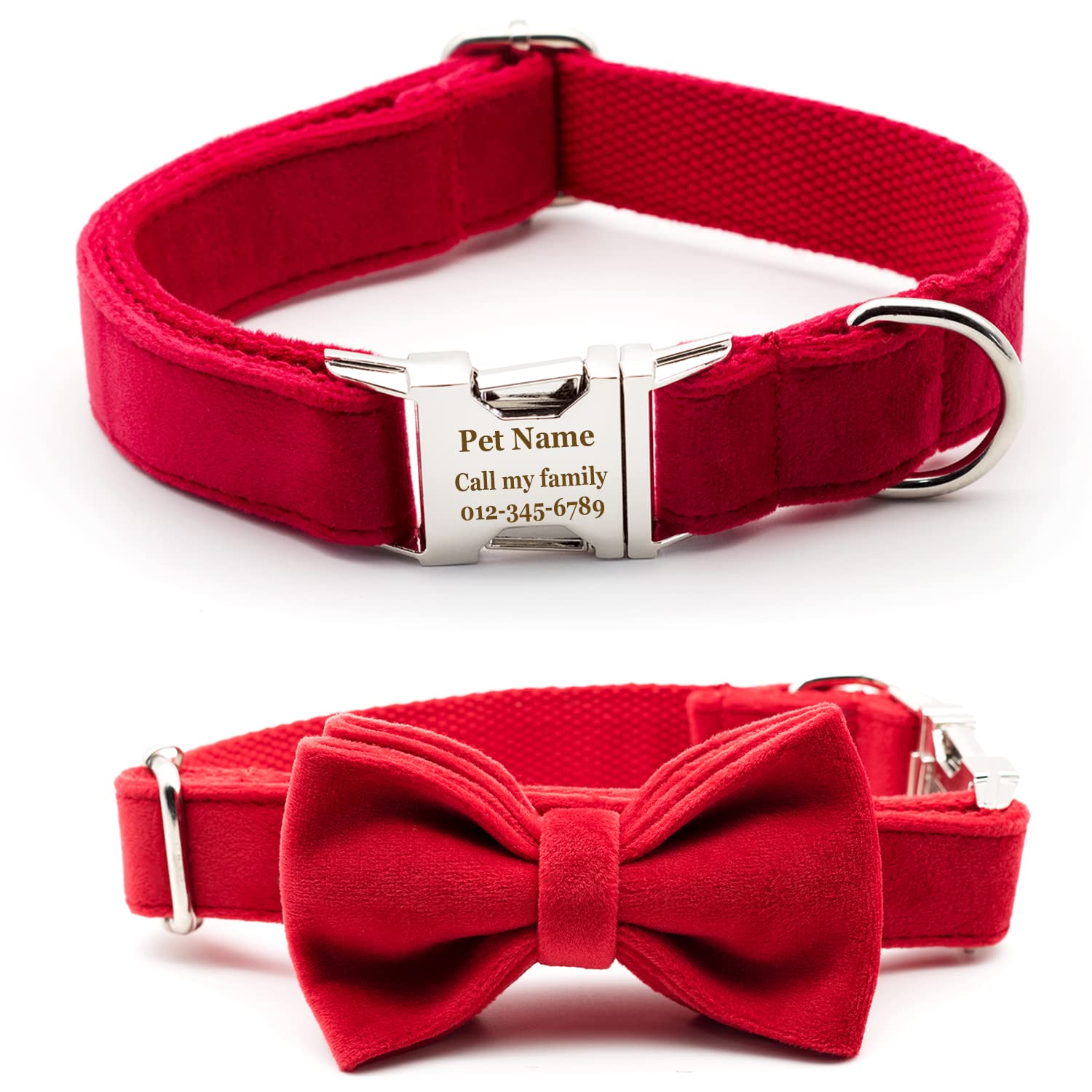 Personalized Dog Collar with Bowtie, Engraved Collar with Customized Text for Large Medium Small Dogs Think Velvet Style (Thick Red Velvet)