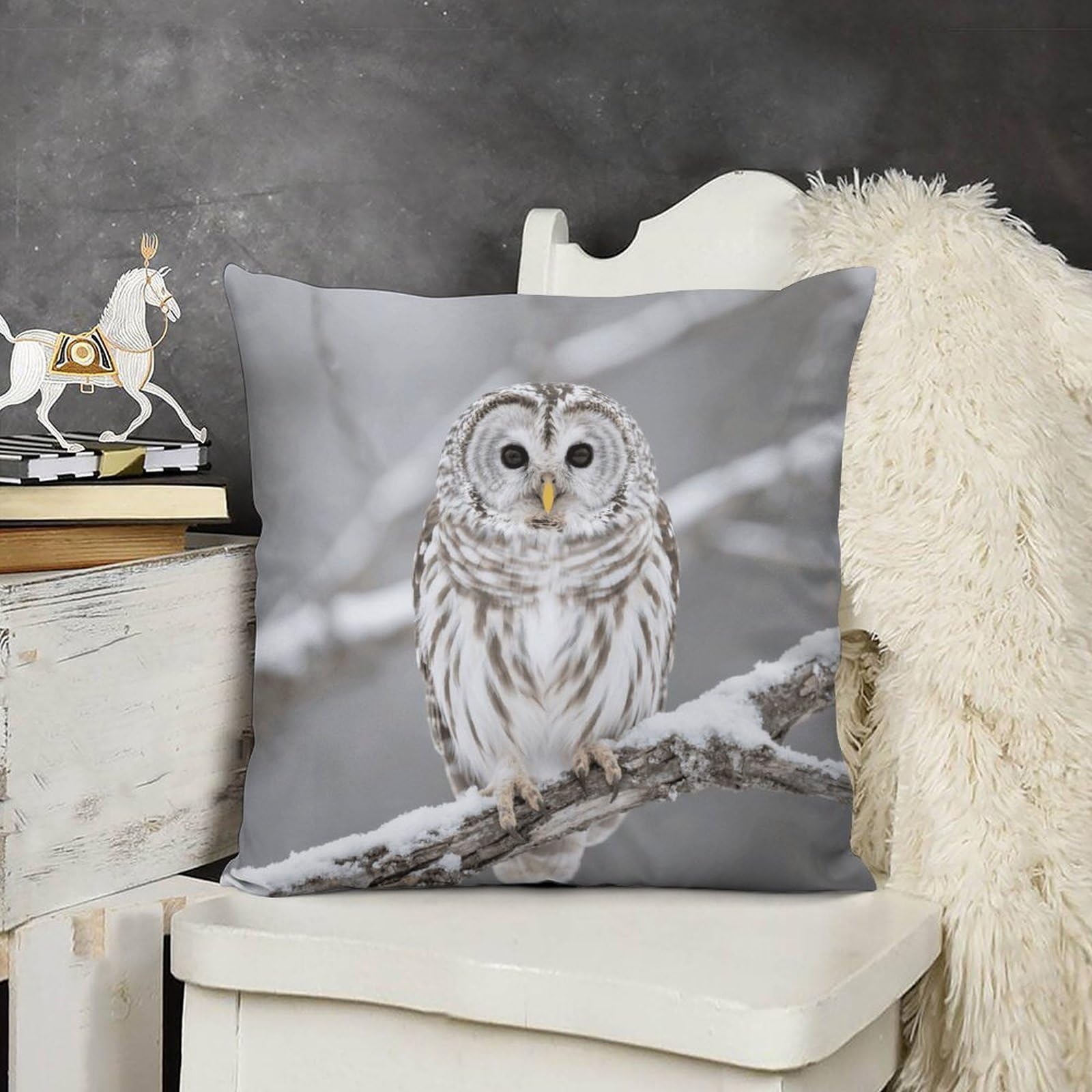 Boho Farmhouse Curious Barred Owl Closeup Pillow Covers with Hidden Zipper 12x12 Soft Plush Cushion Cover Decorative Throw Pillow Cases for Couch Bed Sofa Living Room Indoor Outdoor Home Decor