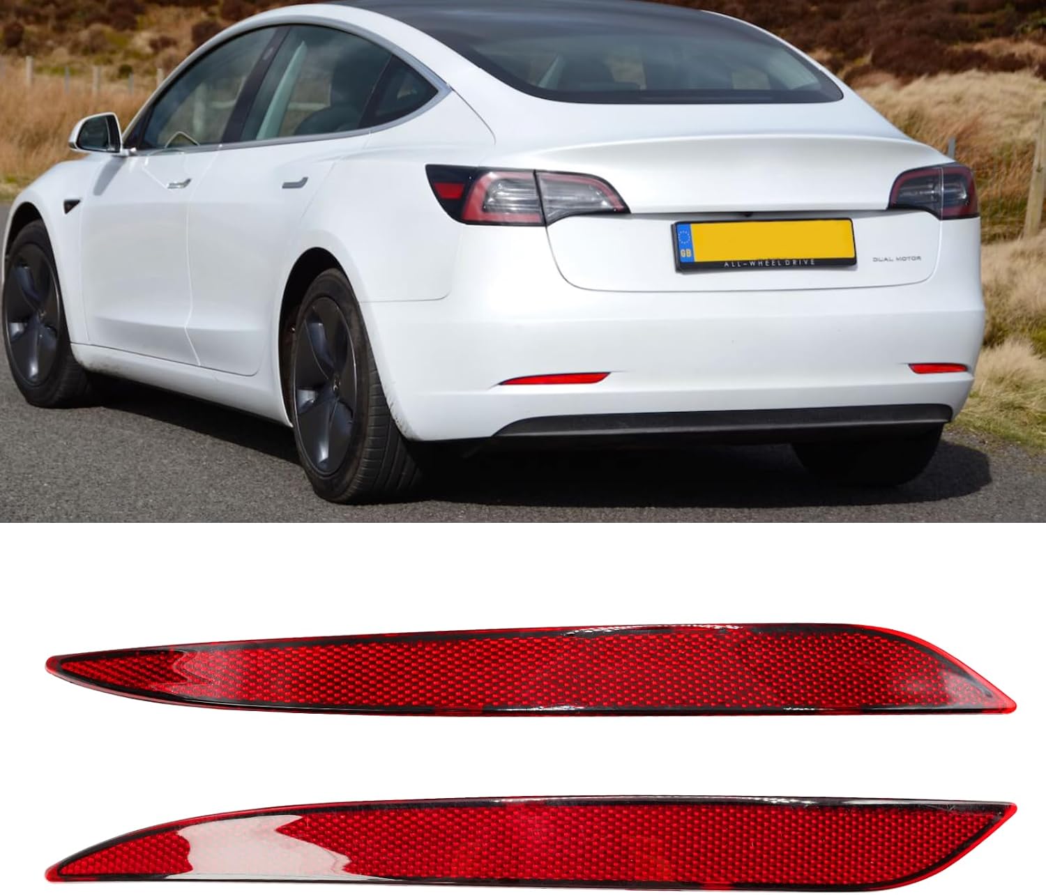 Jaronx Compatible with Tesla Model 3 Rear Bumper Reflector Lights 2017-2023, Left & Right Rear Bumper Red Marker Trim Replacement Tail Reflector Light for Tesla Model 3