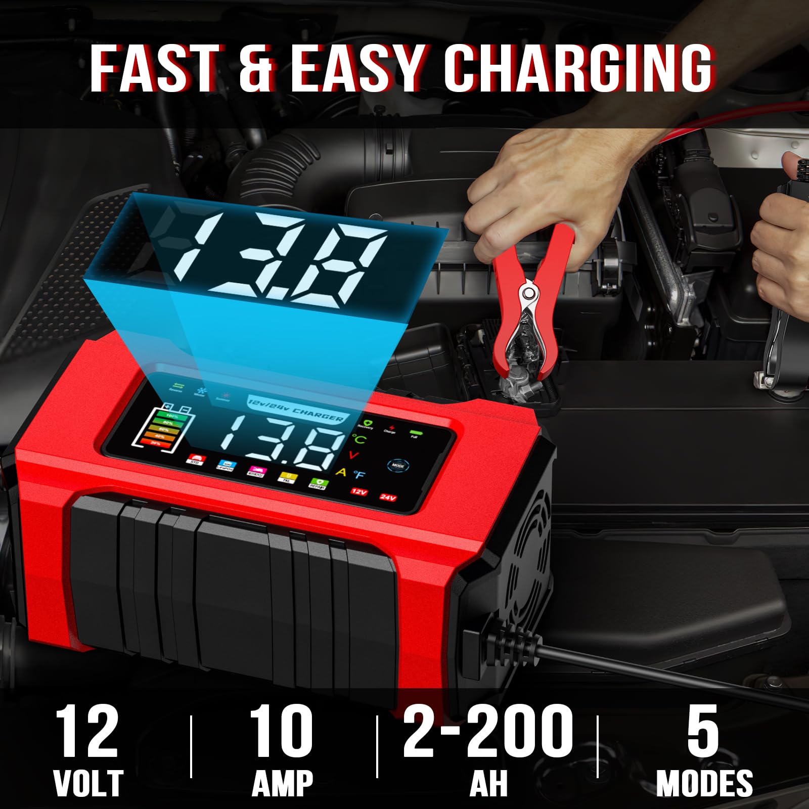 Ładowarka samochodowa 15 A, 12 V/24 V, elektryczna ładowarka samochodowa z inteligentną pamięcią, 9 kroków ładowania, ładowarka motocyklowa LiFePO4 z wyświetlaczem LCD