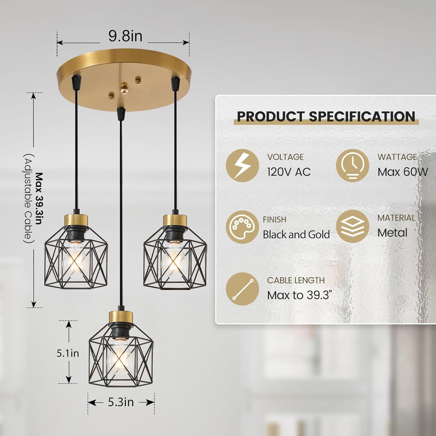 Black and Gold 3-Light Pendant Light Fixture, Farmhouse Hanging Pendant Lighting, Dining Room Chandelier, Industrial Kitchen Island Hanging Light Fixture, Metal Cage Pendant Ceiling Lamp for Kitchen