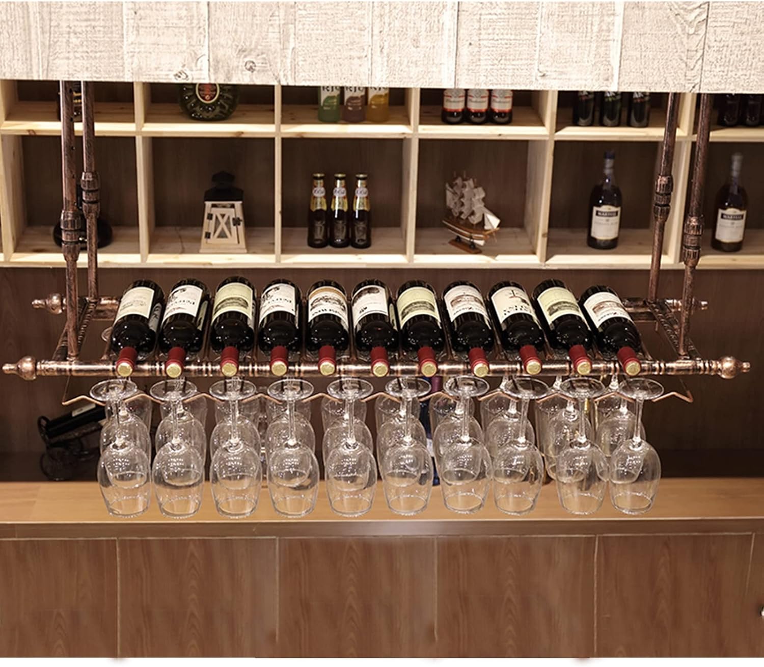 Hanging Wine Glass Holder Vintage Wine Bottle Rack for Home Bar & Restaurant Elegant Champagne Glass Display Stand for Wine Bottles & Glasses