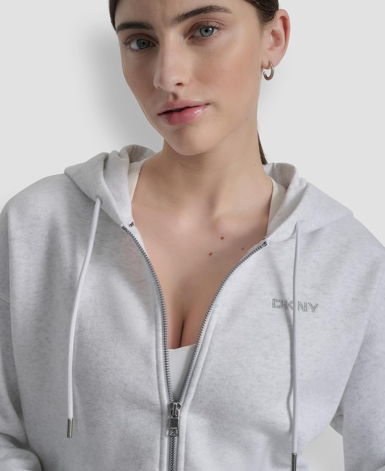 DKNY Women's Cozy Fleece Mini Stud Logo Full Zip Hoodie With Pockets image 5