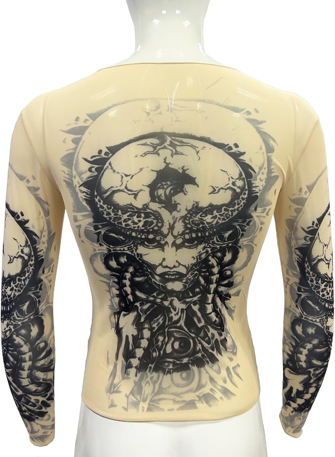 ZUYPSK Men's Mesh Fake Tattoo Print Long Sleeve T-Shirt Tribal Inspired Tops Party Cosplay Clubwear