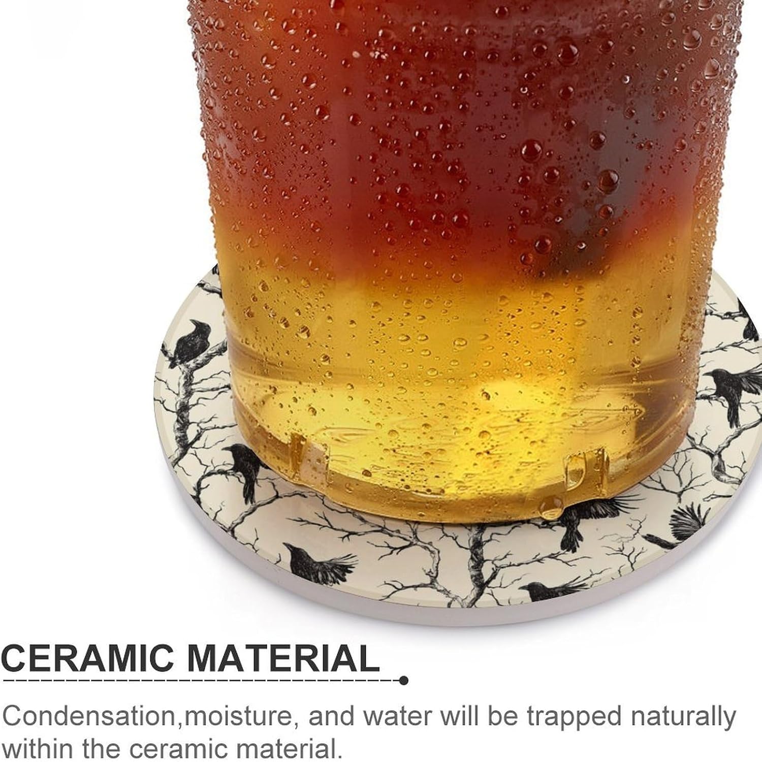 Tree Crows Branches Round Ceramic Coasters for Drinks Absorbent Cup Holder Tabletop Protector with Cork Base