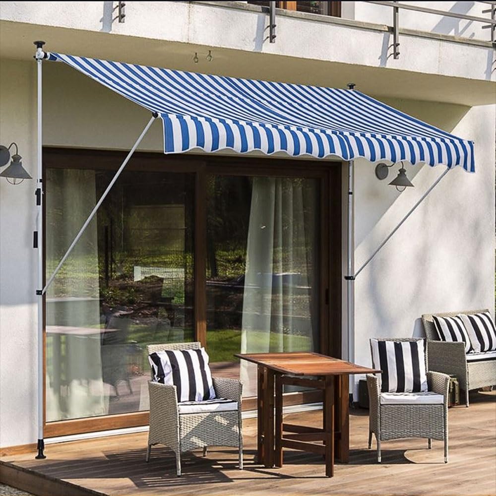 Wysuwany baldachim ogrodowy z korbą ręczną, regulowany, balkon i osłona okna, schronienie na zewnątrz, na podwórko, patio, balkon, czarno-biały, 2 m x 1,2 m