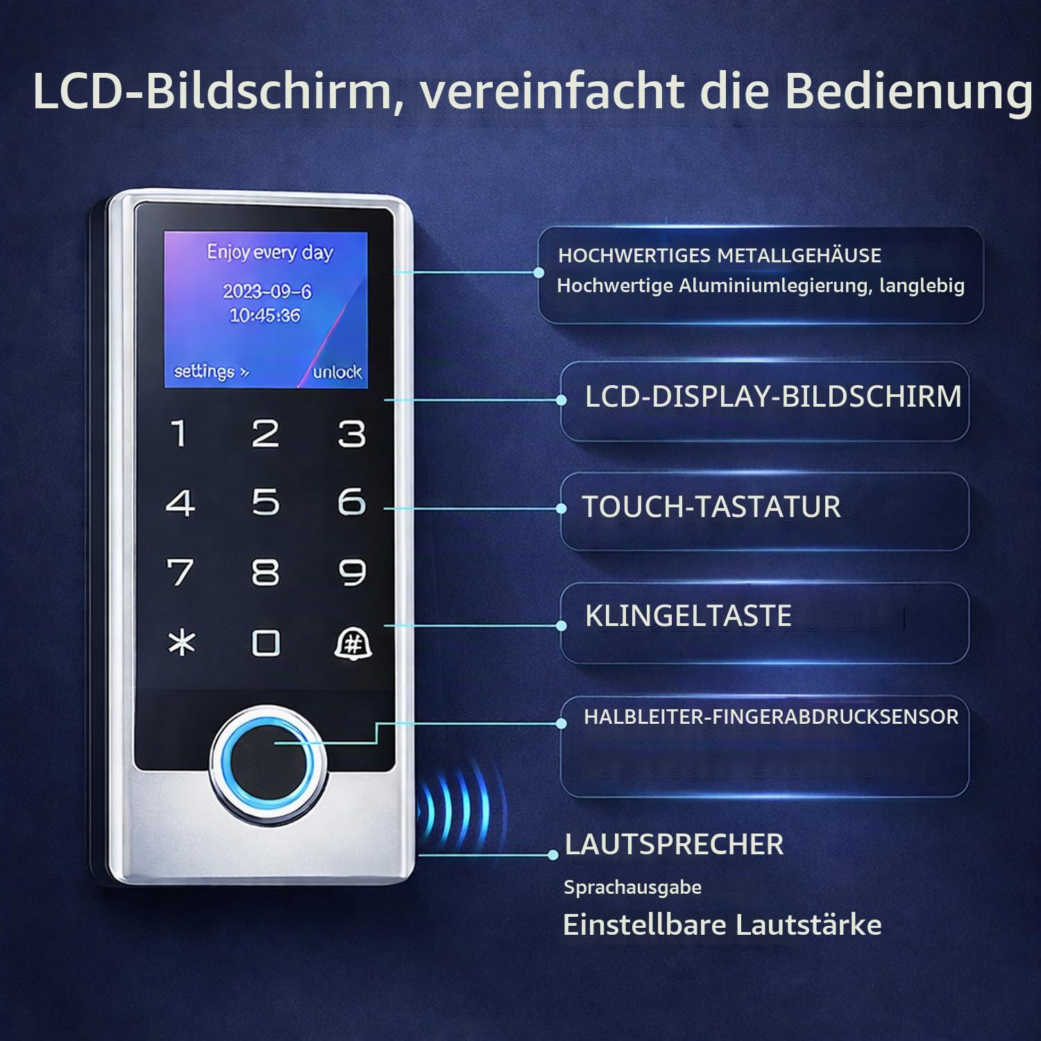 Tuya WLAN Fingerprint Türöffner mit Code & RFID – IP68 Codeschloss Haustür aus Metall mit LCD Display, Zutrittskontrolle per App, Fingerabdruck, Karte & PIN, 125kHz Schloss, WG26/34, DC12V, inkl.10tag