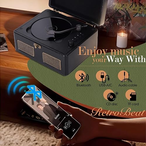 Miniatura 2 de RetroBeat Time Vintage - Caja de música portátil - CD con altavoces, transmisor Bluetooth, recargable, USBAUX, regalo multimodo (negro)