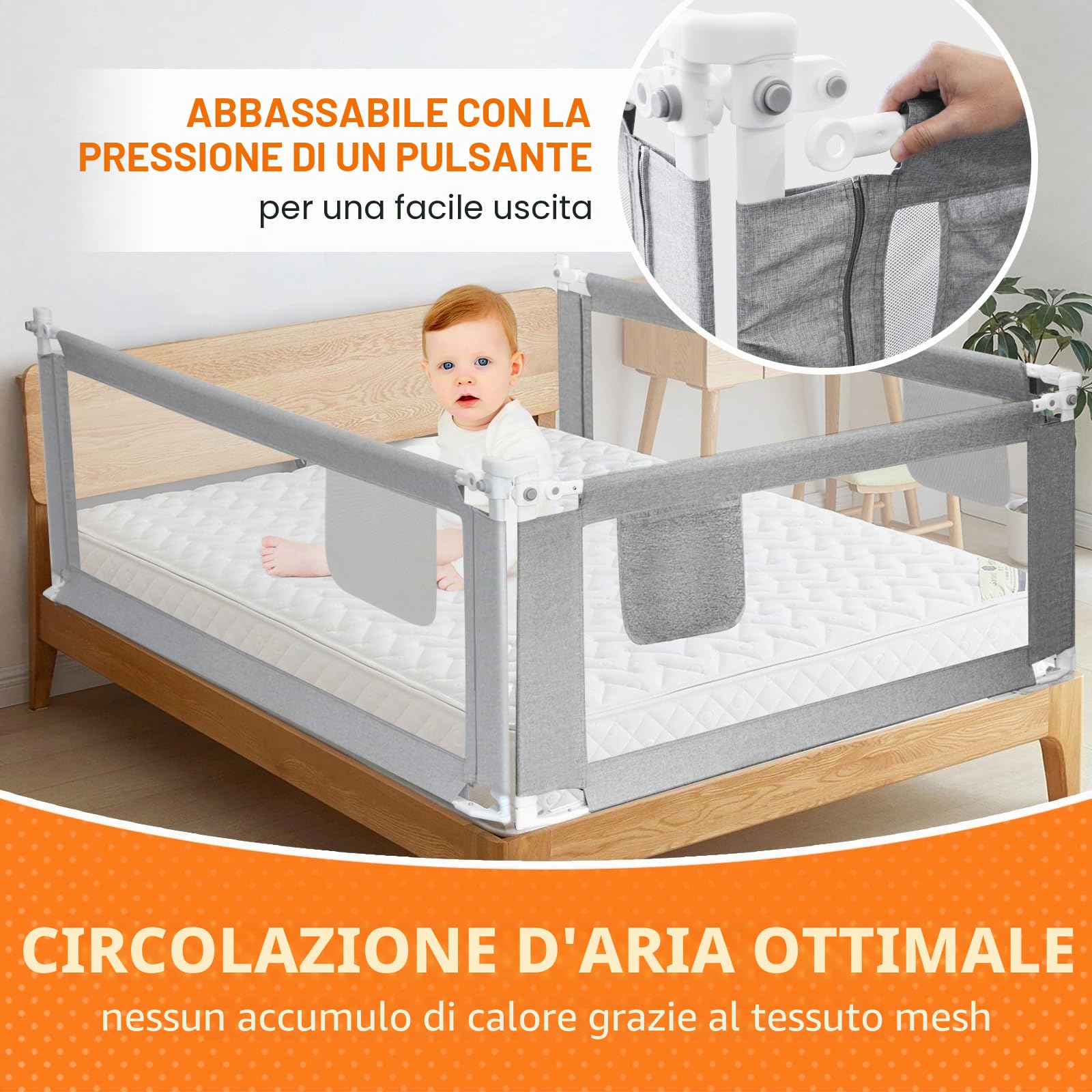 Sponda letto matrimoniale, griglia di protezione per lettini,sponda letto bambini 200 cm, grigio sponda letto matrimoniale per bambini