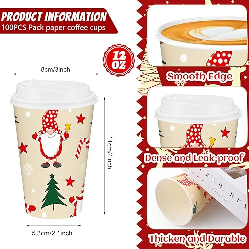 Miniatura 3 de 100 tazas de café desechables de Navidad de 12 onzas con tapas, tazas de papel de Navidad, tazas de té de Navidad a granel, tazas calientes para
