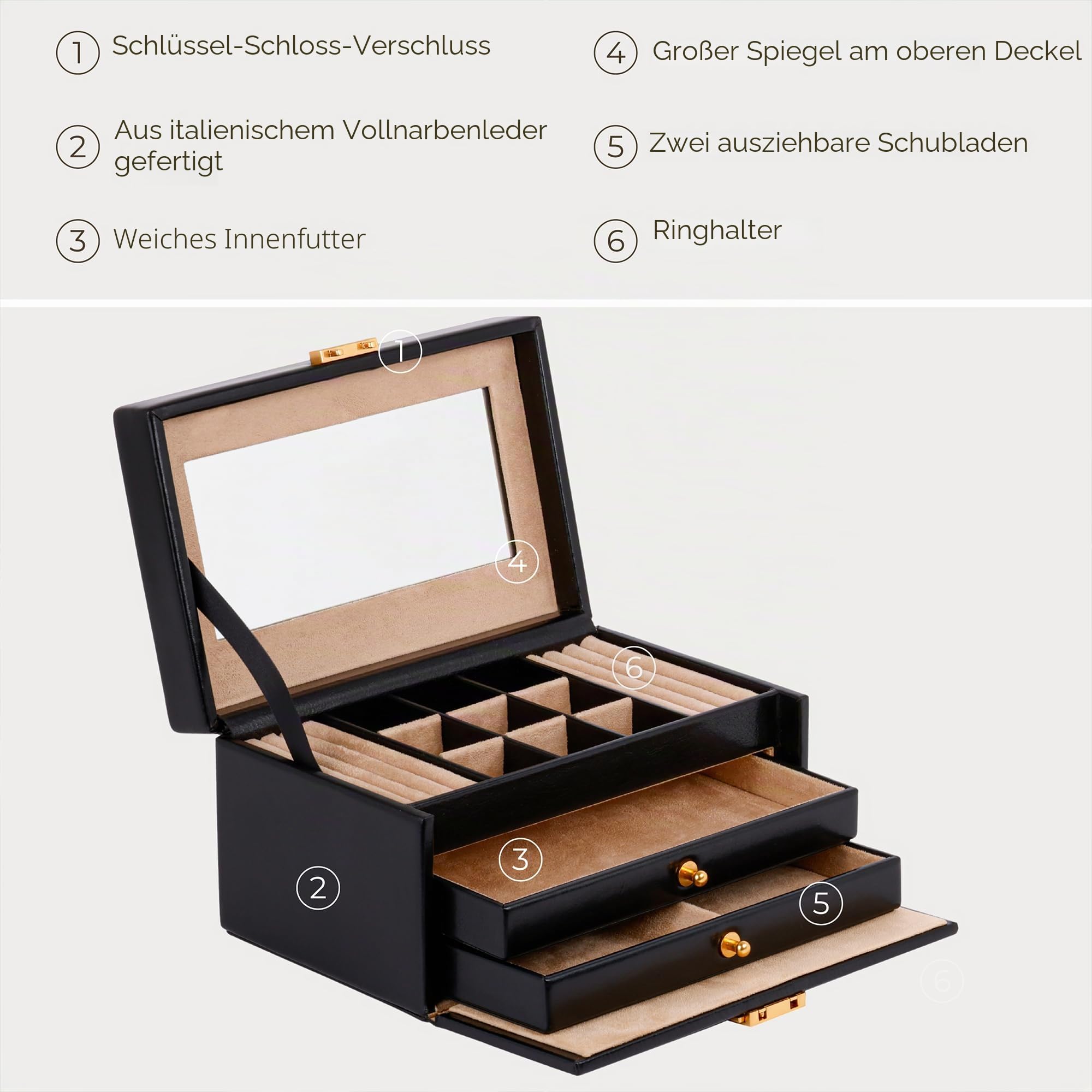 Time Resistance Leder Schmuckkästchen - Schwarz Schmuckaufbewahrung - Schmuck Verstauen - Schmuckkasten mit Spiegel - Schmuck Organizer mit Vielen Fächern - Jewelry Box
