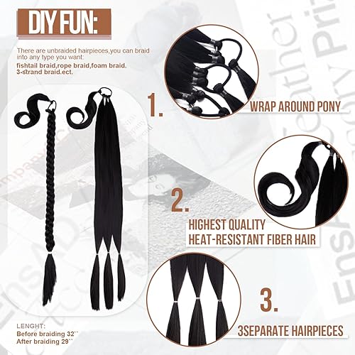 Miniatura 4 de Extensión de cola de caballo con banda para el cabello, 34 pulgadas, color negro oscuro, extensiones largas y trenzadas para mujer