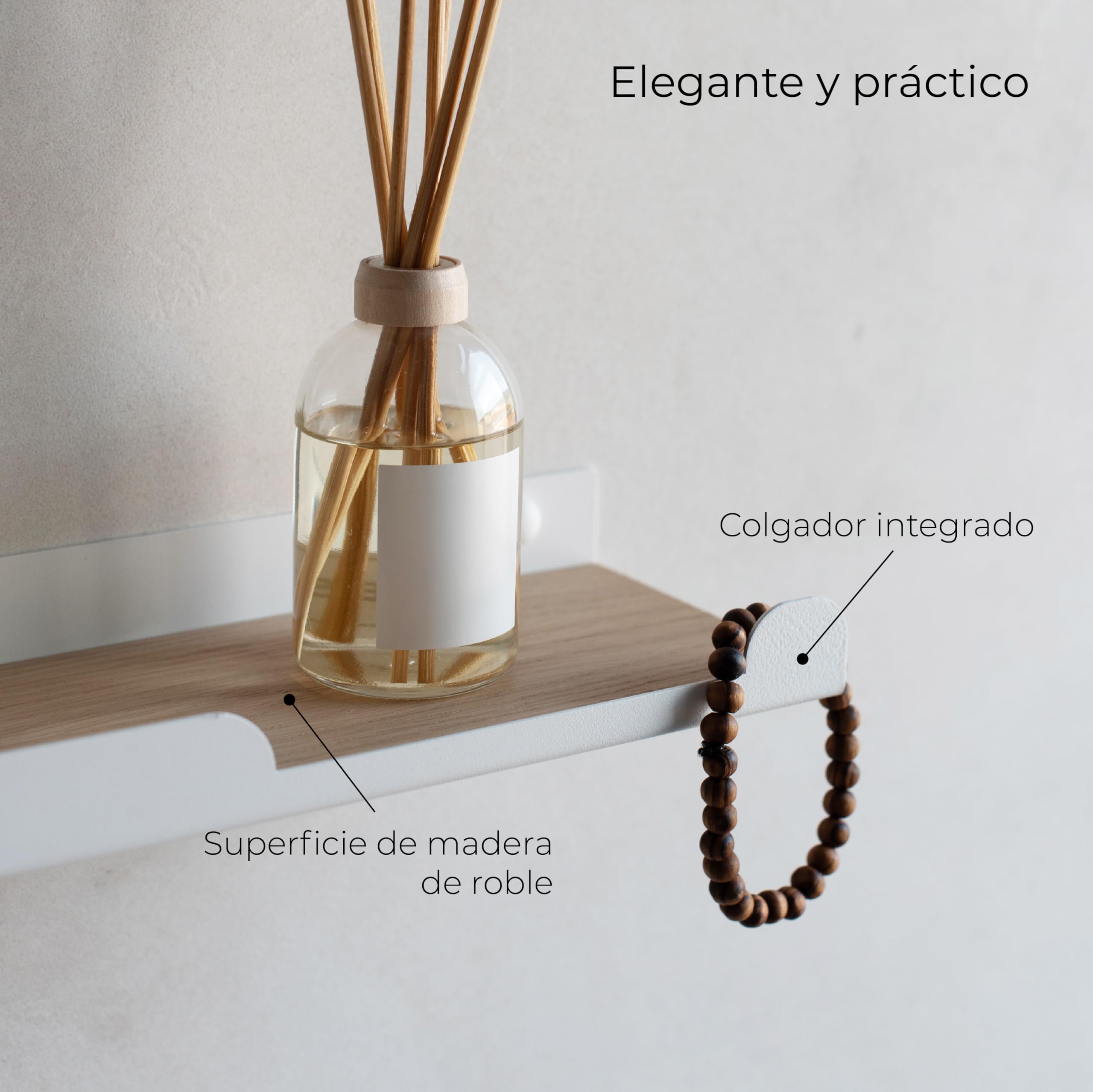 MILUKA Set 2 Baldas Flotantes Pared de 35 cm, con Colgador, Blanco/Roble | Repisas de Pared en metal blanco y base en madera roble | Pequeña Estanteria de 2 estantes para baño, dormitorio y recibidor