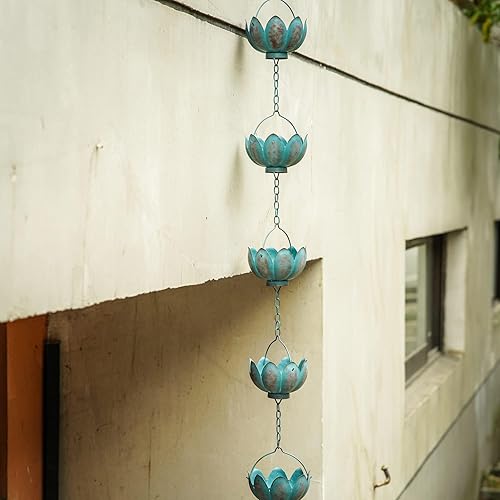 Miniatura 6 de TZSSP Cadenas de lluvia decorativas de metal con 12 tazas, cadena de lluvia para canalones, longitud 8-12, color azul
