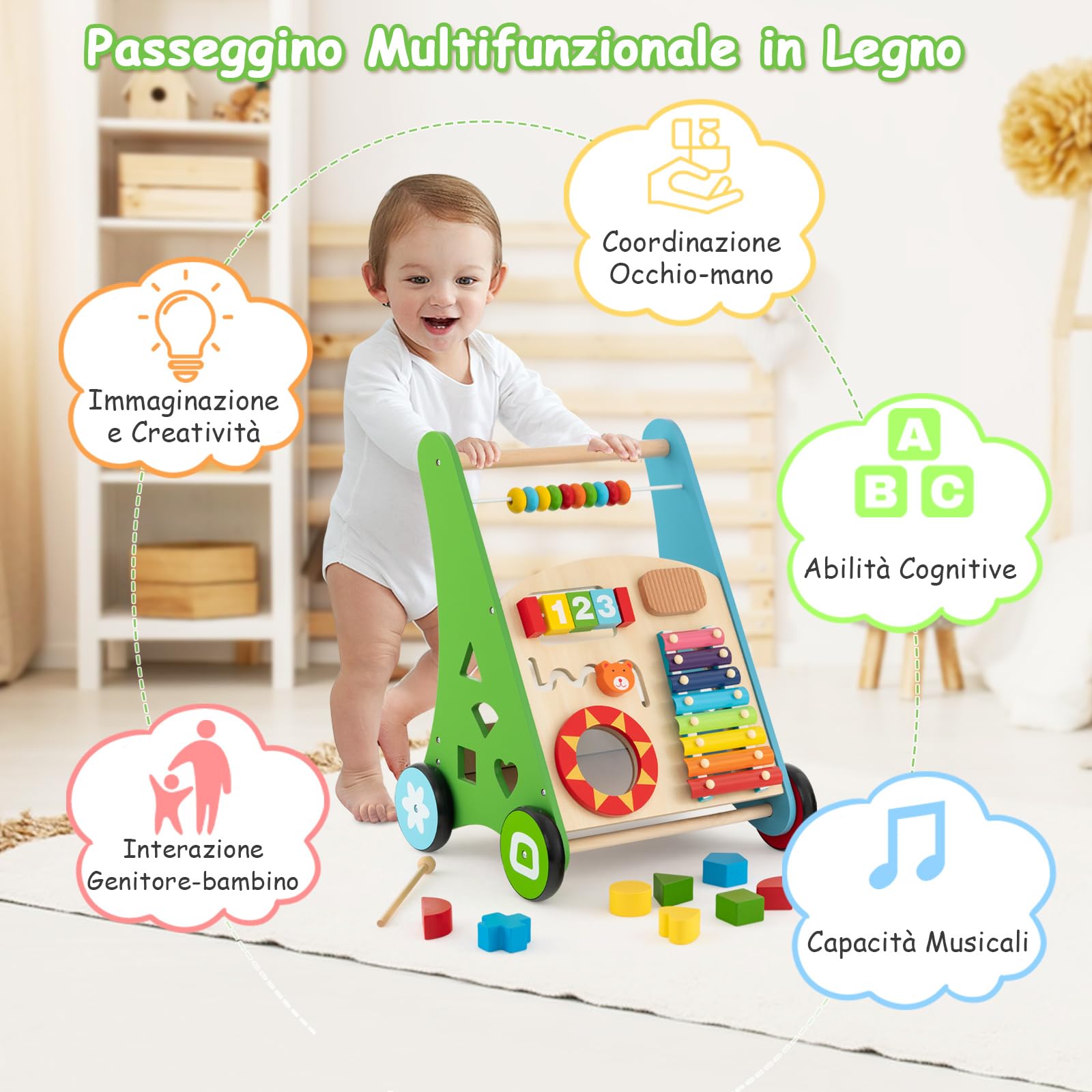 COSTWAY Carrello Primi Passi per Bambini, Girello Neonato in Legno, con Giocattoli Montessori, Centro Attività con Ruote, per Bambini 12+ Mesi (Colorato)
