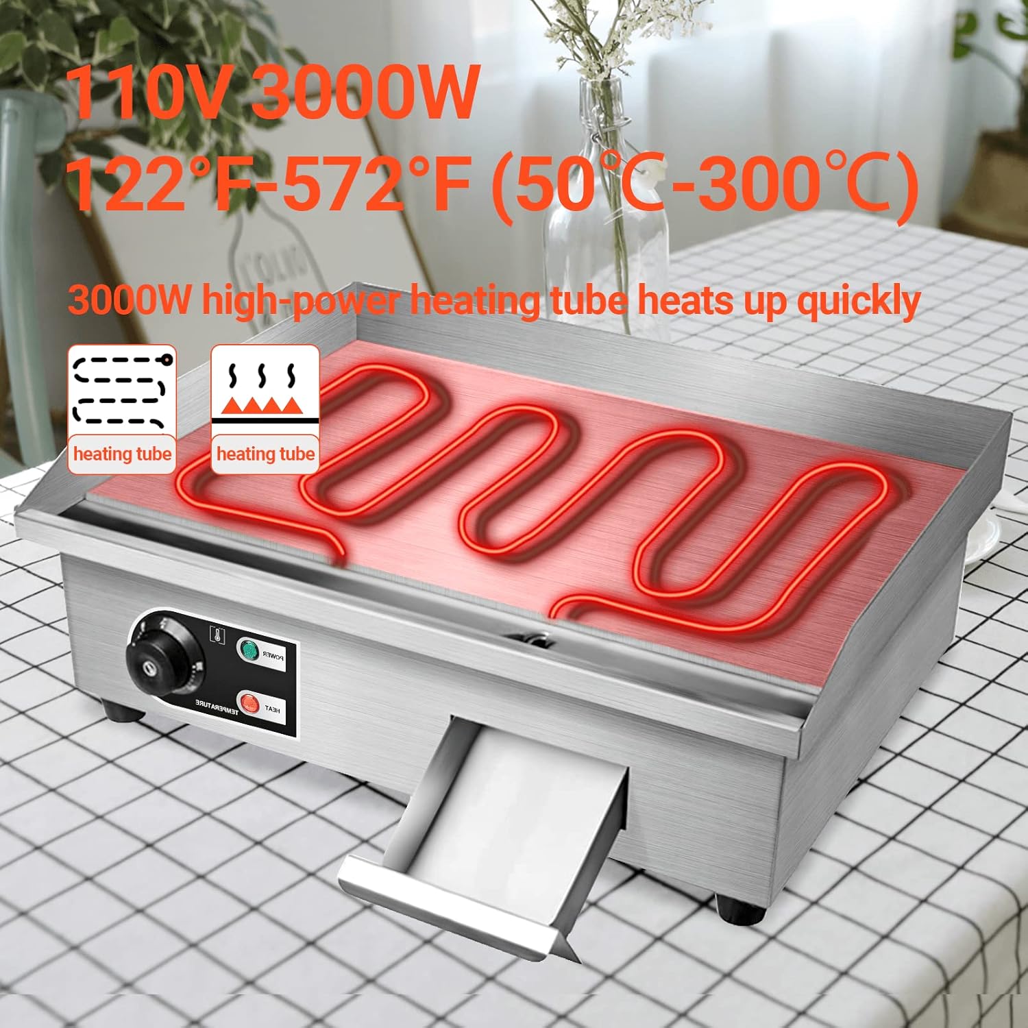 Shikha 22'' Electric Countertop Griddle,110V 3000W Non-Stick Commercial Restaurant Teppanyaki Grill Stainless Steel Adjustable Temperature Control 122°F-572°F