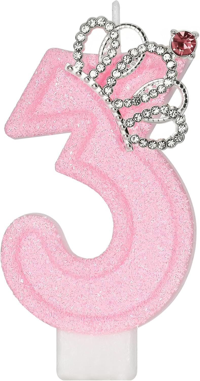 Pink Crown Number 3 Birthday Candle, 3rd Birthday Crown Girl, Princess Cake Topper, Anniversary Celebrations Party Supplies