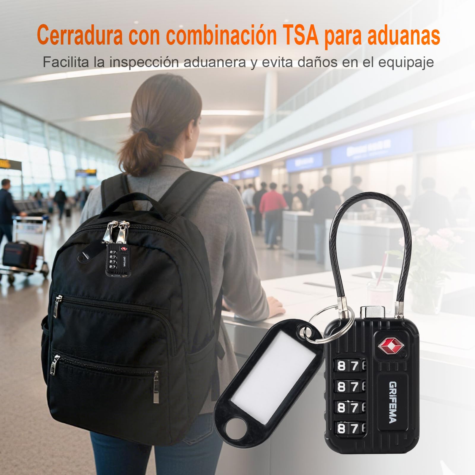 GRIFEMA Candado TSA con Combinación de 4 Dígitos, Cable Flexible para Maletas, Bolsos y Equipaje de Viaje, Negro (1 Unidad, GA1008) — view 2