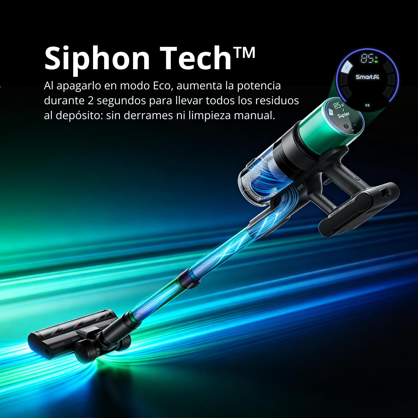 V5 Pro Aspiradora sin Cable, 55 kPa/600W/80 Min,manguera flexible de 1 m | Aspirador escoba con modo AUTO, 1.5L, filtro HEPA y sistema antienredos para suelos y mascotas
