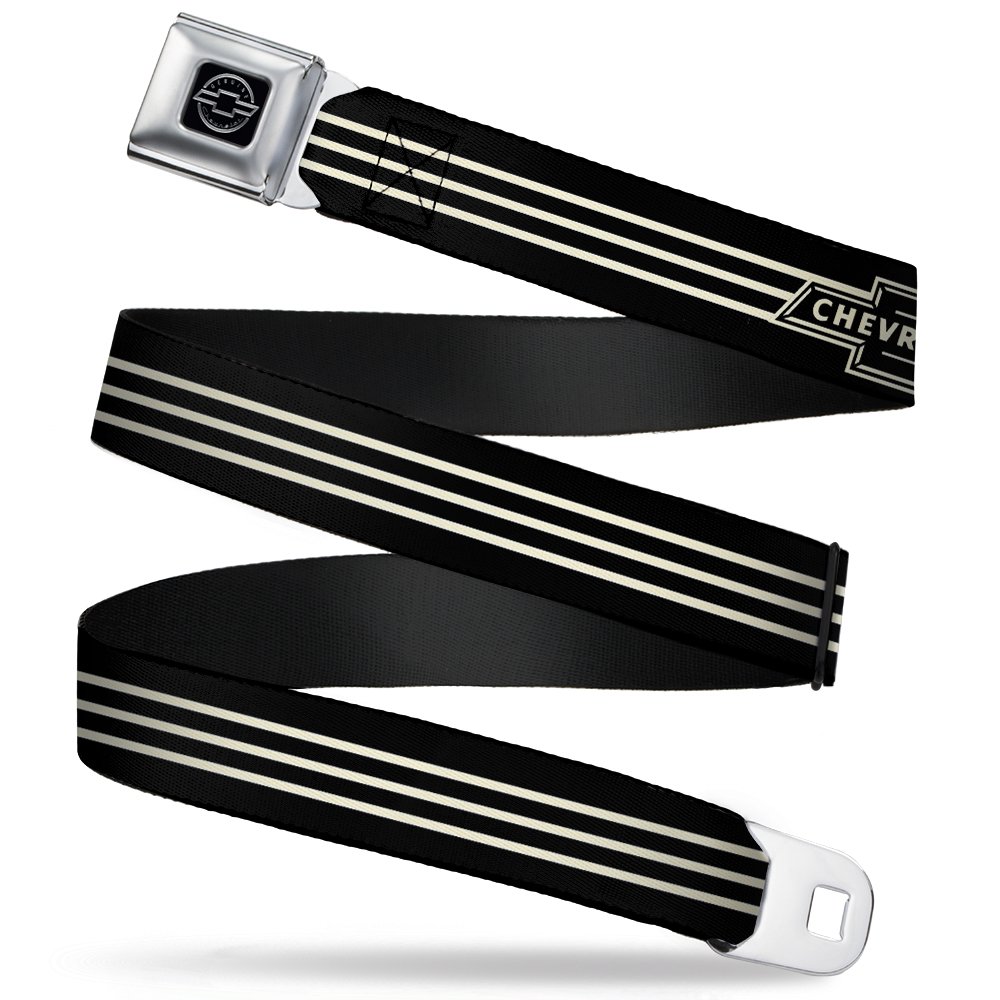 GM General Motors Belt, Seatbelt Buckle Belt, Vintage Chevrolet Bowtie Stripe Black Ivory, 44 to 63 Inches