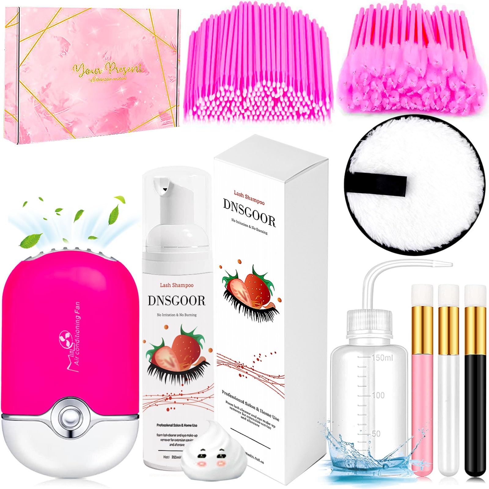 200ml/6.7fl.oz Limpiador de Pestañas Champú de Extensión Lash USB Secador de Ventilador Cepillo de Champú Rímel Cepillo Almohadilla Desmaquillante Lavado Botella Micro Cepillos Aplicadores