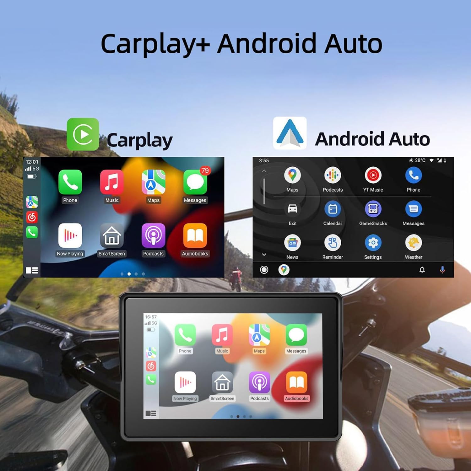 Motorcycle CarPlay & Android Auto, 6.5 Inch Wireless Carplay Screen with GPS Navigation, IP67 Waterproof Touchscreen, Bluetooth, Portable Screen for Motorbike, Dual Bluetooth, Siri, G-Assist