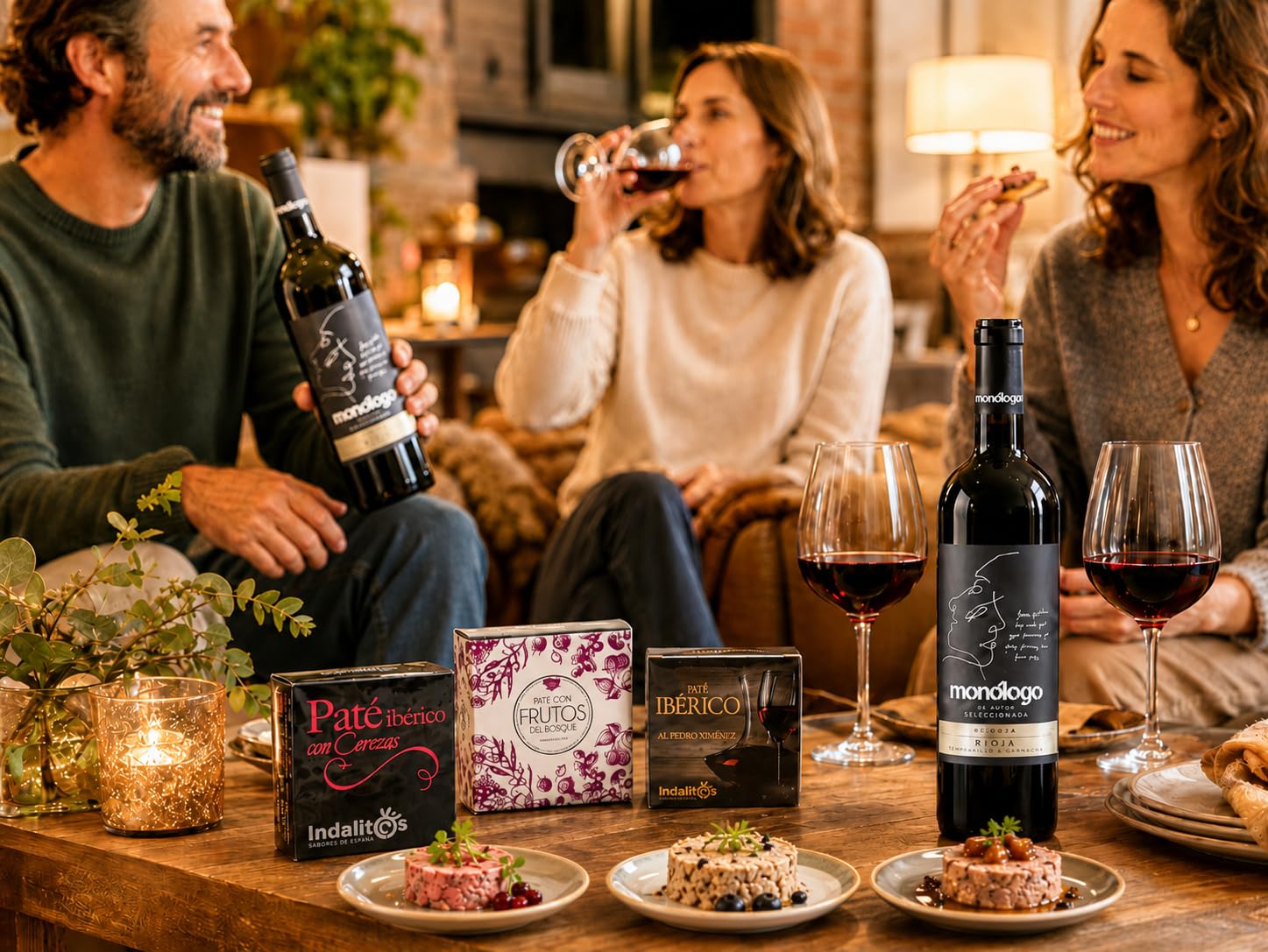 VALELI Pack regalos para hombre mujer, Cesta Gourmet con Vino Tinto Rioja Crianza 75cl, 3 Patés Ibéricos y Mochila Isotérmica.Detalle Cumpleaños, Navidad