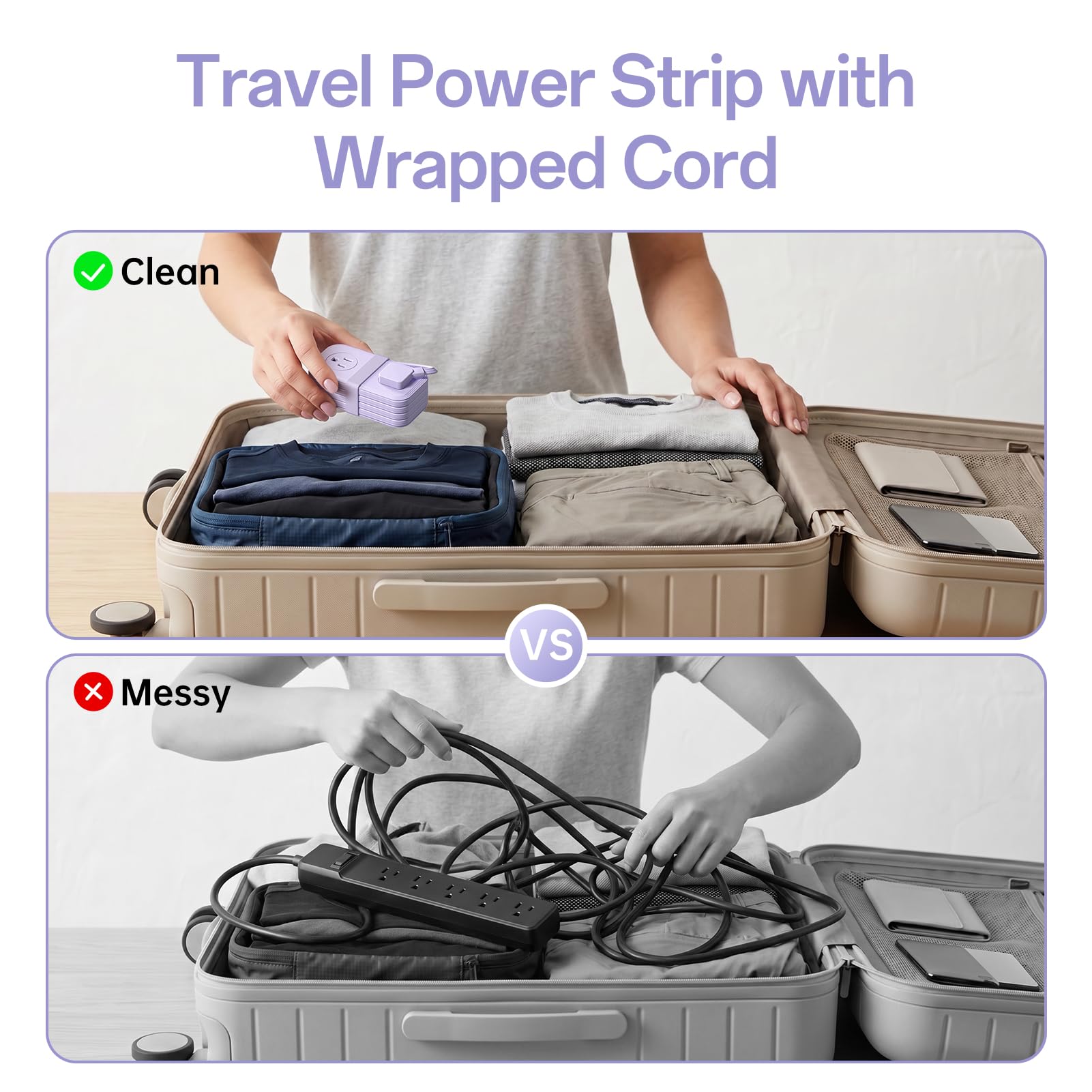 SMALLRT Tragbare Mehrfachkontakt-Steckdosenleiste, 7-in-1, 2 Stück, Flachstecker mit aufgerolltem Kabel, 0,98 m, elektrische Verlängerung mit 3 USB (2 USB C) für Reisen, Hotel, Kreuzfahrt, Violett