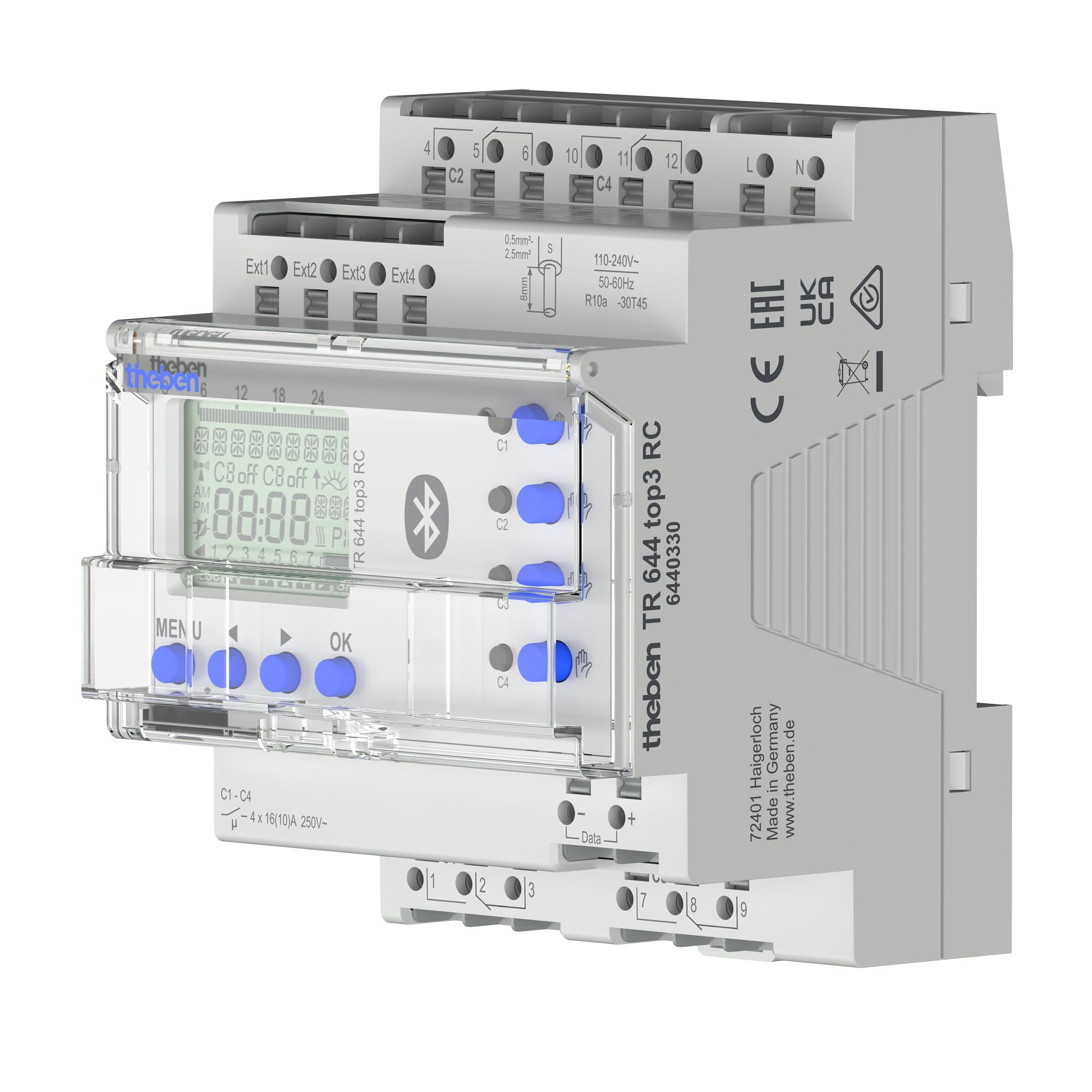 Theben 6440330 TR 644 top3 BLE RC Jahres-Zeitschaltuhr 4-Kanal Astro | 600 W LED, 10 Jahre Gangreserve, +/-0,5 s/Tag oder DCF/GNSS Antenne, 800 A/200 µs, 4 ext. Eingänge, Bluetooth/App, 800 Plätze
