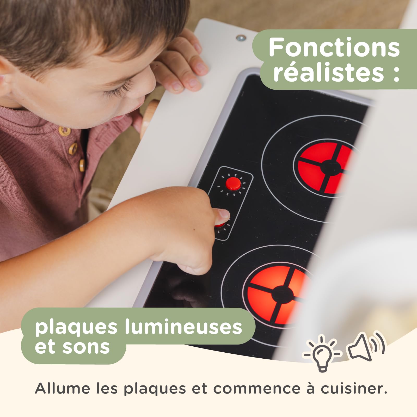 Nene Toys Cuisine Enfant en Bois – Cuisine Jouet pour Enfants avec Lumière et Son, Évier, Micro-Ondes et Four, Étagères et Crochets + Accessoires – Jeu Montessori dès 3 Ans – Cadeau Filles et Garçons