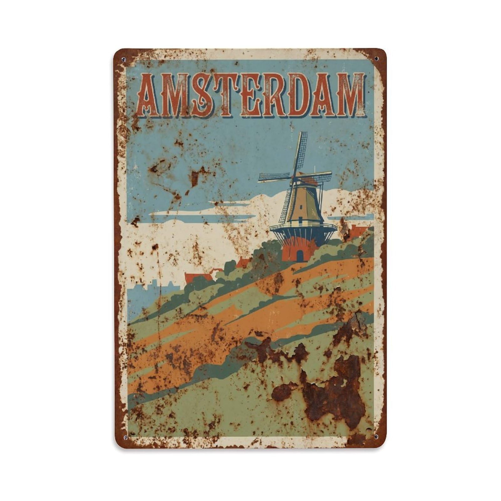 Okngb Style Hillside Retro Countryside Amsterdam Travel Landscape Metal Tin Sign Plaque Wall Decor For Cafe, Man Cave, Club Bar, Office, Home Garden Round Metal Poster 8X12inch