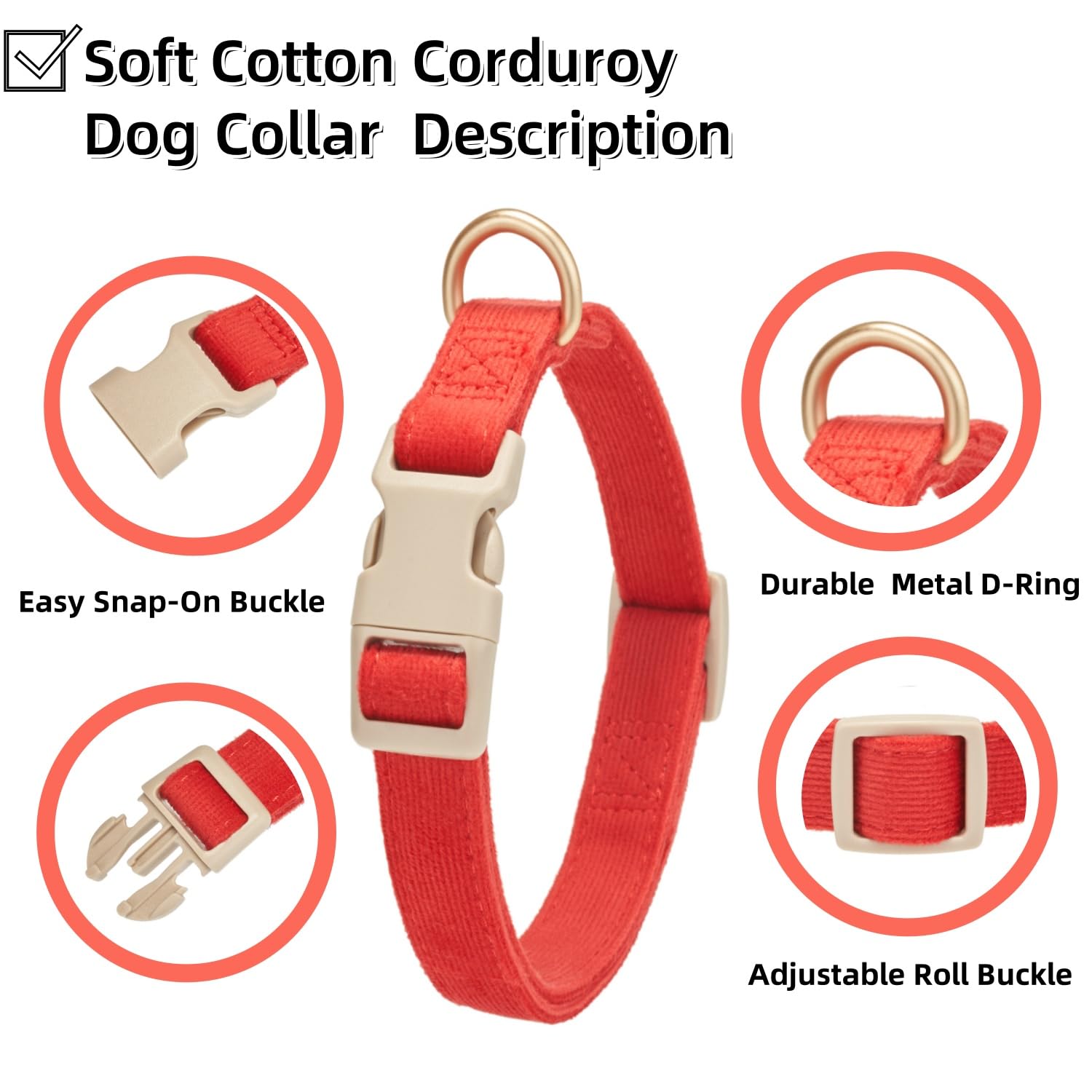 YUDOTE Soft Corduroy Dog Collar with Plastic Clip - Comforty and Adjustable for Small Dog Daily Using in Fiery Red - Image 2