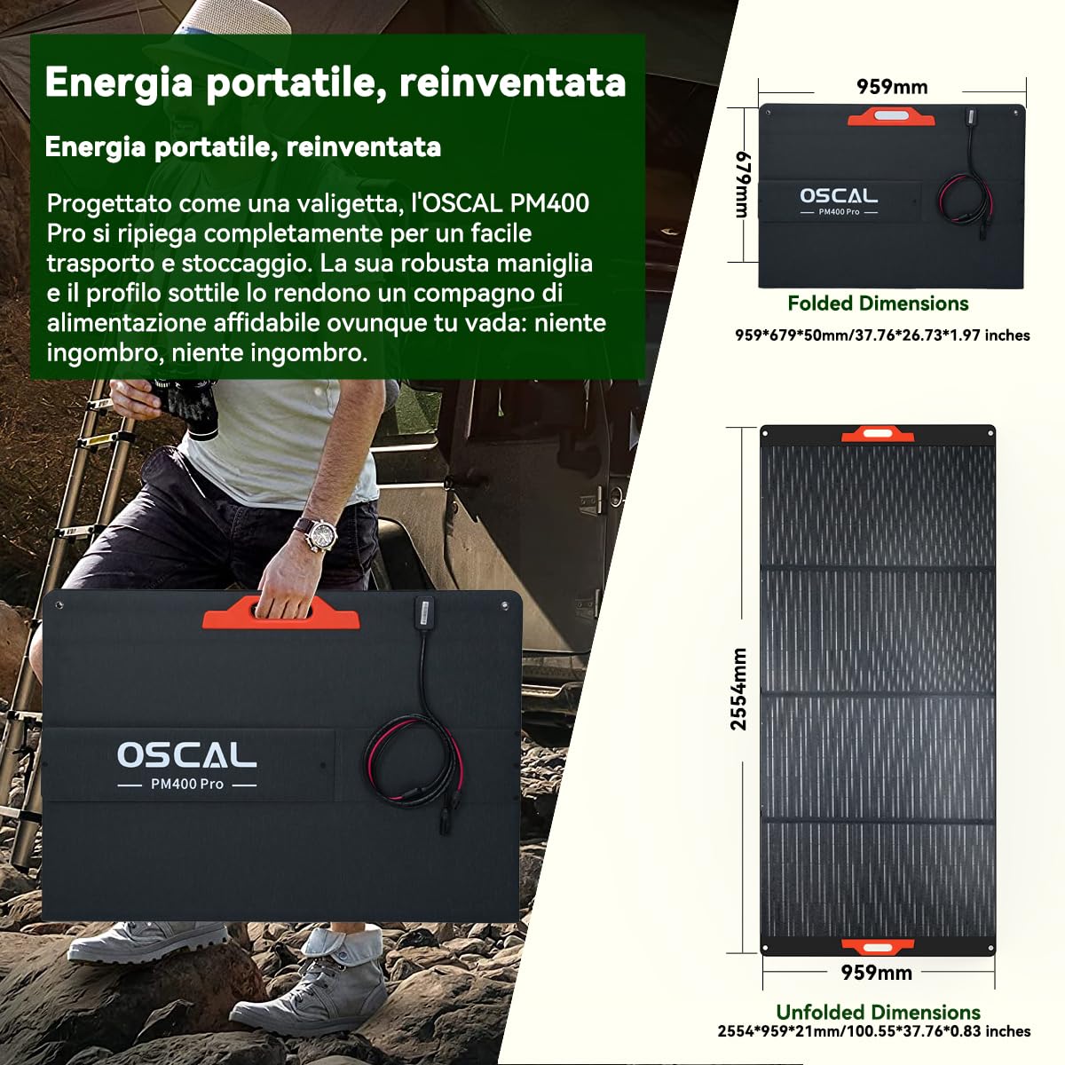 OSCAL PM400Pro 400W Pannello Solare Portatile, efficienza 23%,pieghevole, supporto regolabile e IP67. Perfetto per campeggio, camper e esterni