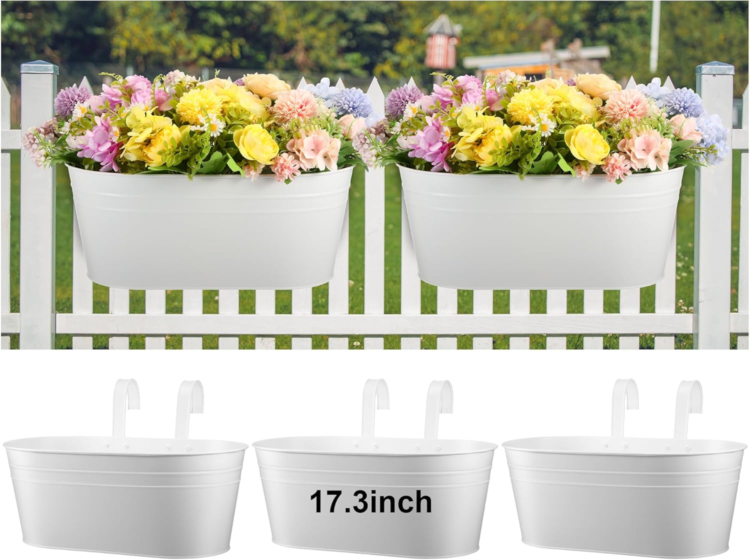 Honeydak 3 Pcs 17.3 Inch Large Metal Iron Hanging Flower Pots Outdoor Rail Planter with Detachable Hooks and Drainage Holes Deck Railing Fence Flower Buckets Plant Holder for Home Window Decor(White)