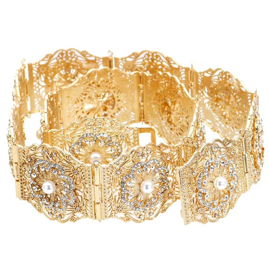Wvapzxx Cinturón de metal para mujer, color dorado envejecido, con diamantes de imitación y perlas artificiales, estilo marroquí