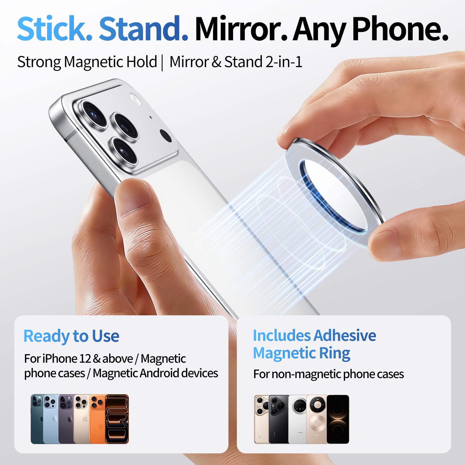 Custodia magnetica per telefono con specchio per MagSafe Supporto universale regolabile in metallo per iPhone 17/16/15/14 Pro Max Slim Phone Mirror per tutti gli smartphone utilizzati per donne