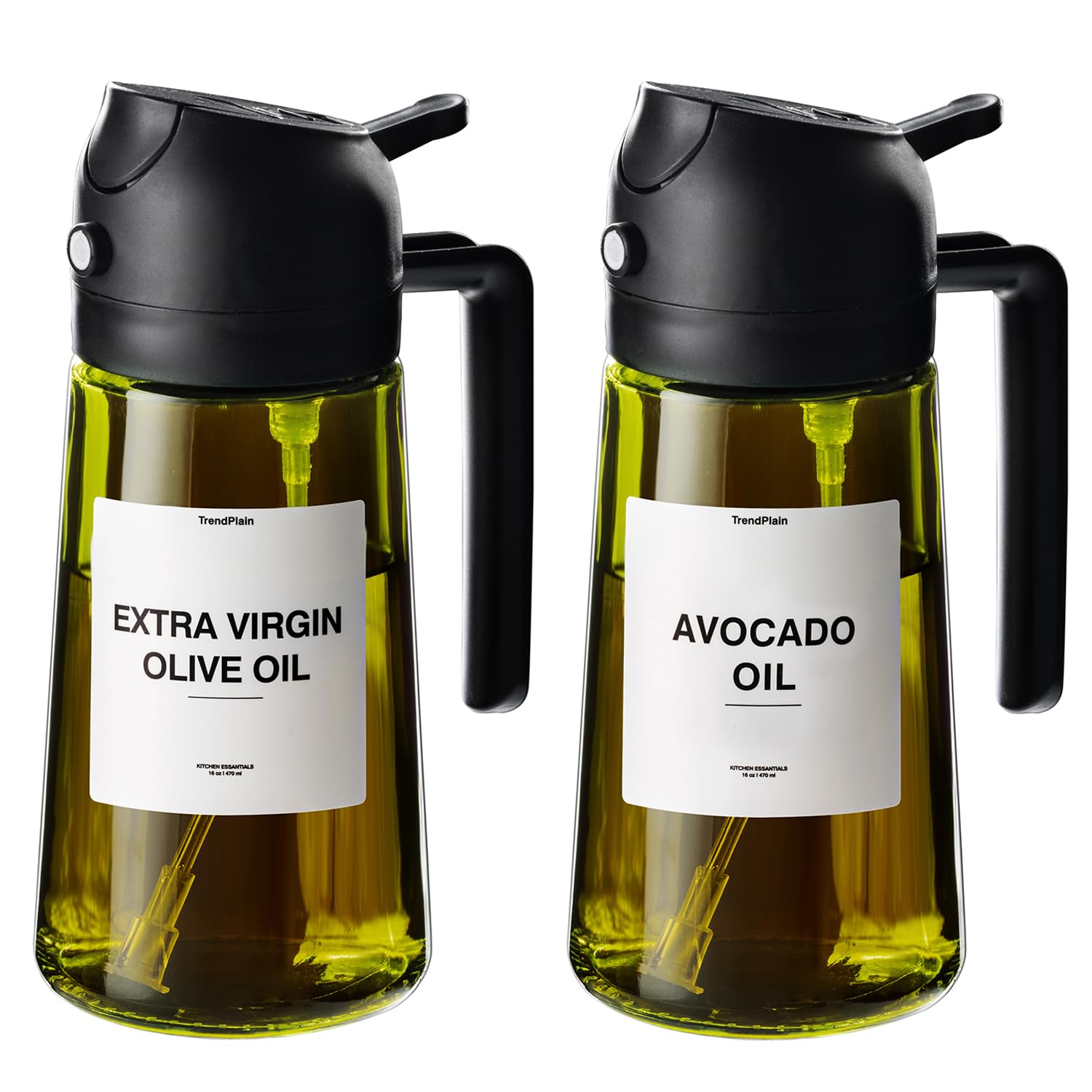 TrendPlain - Original 16oz/470ml Olive Oil Dispenser Bottle for Kitchen Gadgets and Air Fryer Accessories - Olive Oil Sprayer for Cooking w/Stickers - 2 Black