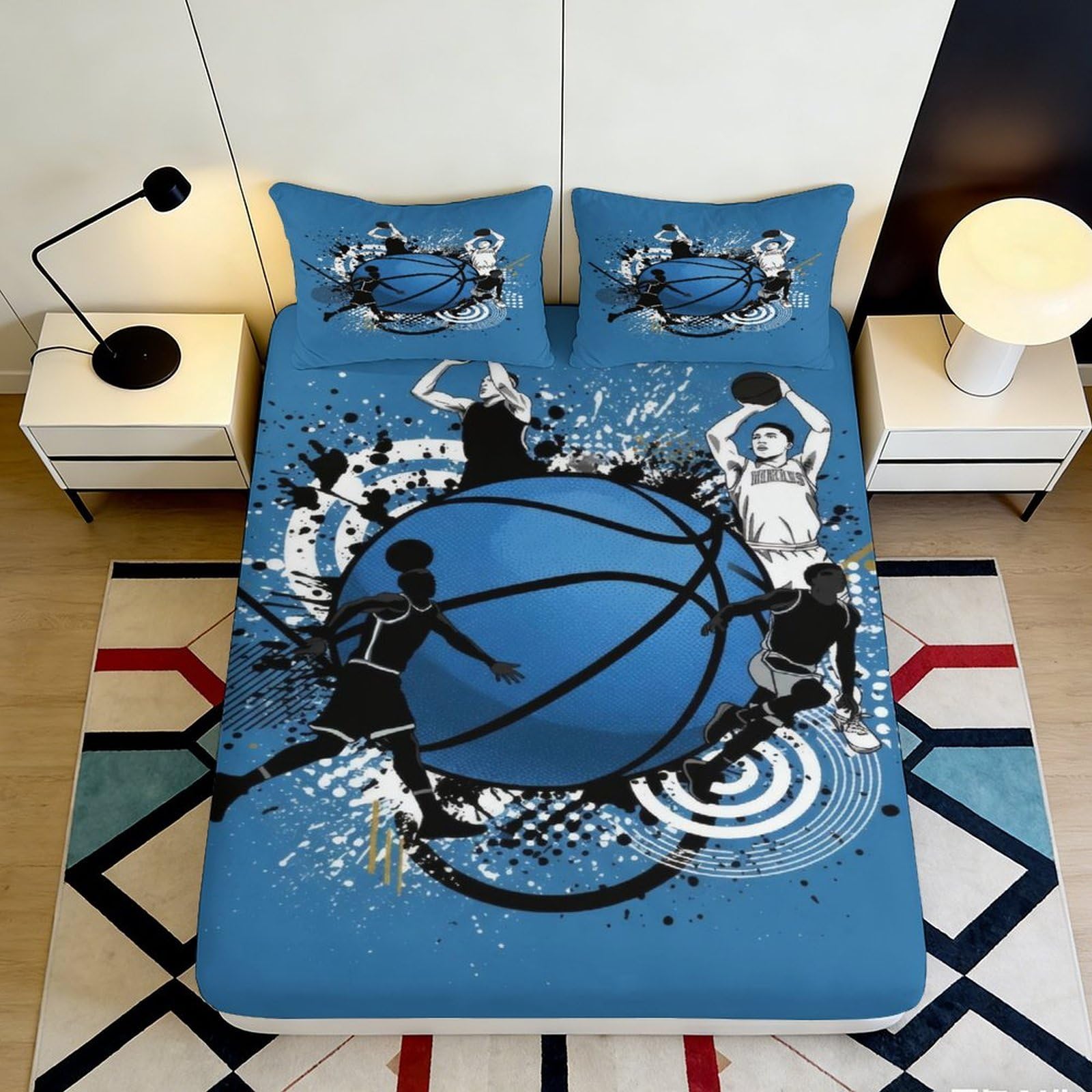Jqzkxnhpbr Style-1 3D Printed Basketball Court Fitted Sheet Microfiber Blue Sports Athlete Bed Cover For Bedroom Dorm Decor 90X200x25cm