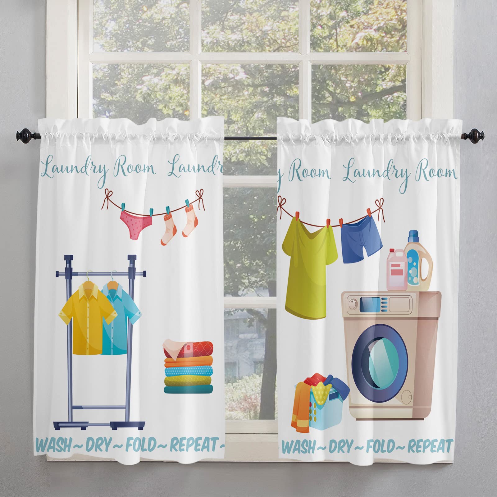 Debedcor Laundry Room Curtains 45 Inch Length, Laundry Rountine Tier Curtain, Simple Drawn Small Window Treatment Panel Laundry Curtains for Bedroom, Cafe, Living Room, 2 Panels, 27.5 W x 45 L