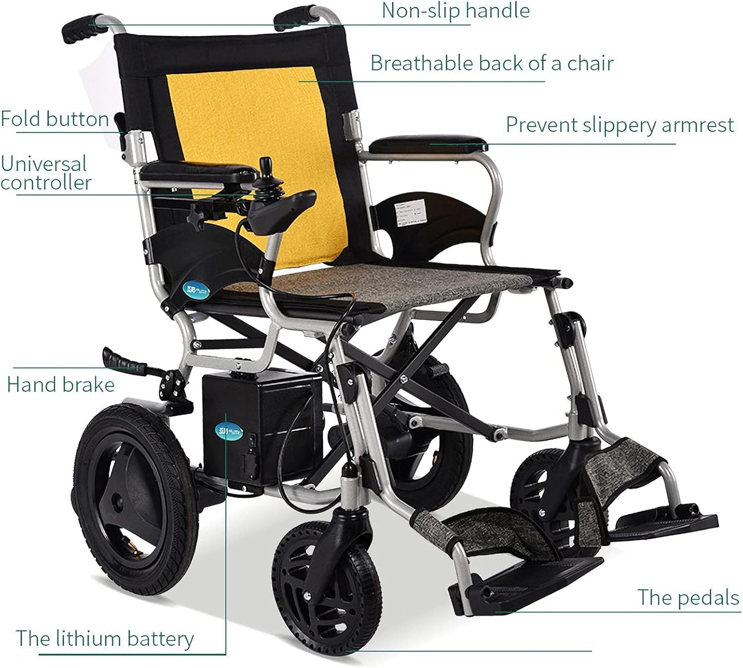 Sedia A Rotelle Elettrica Pieghevole Motorizzata, Sedia A Rotelle Elettrica Pieghevole Leggera - Adatta per Anziani E Disabili - Sedia A Rotelle Elettrica Pieghevole Deluxe - Potente D, Yellow