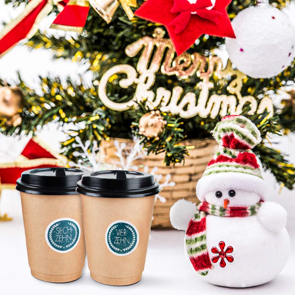 Calendario Dell'Avvento Bicchieri da Caffè, 24 Bicchierini Caffe, Bicchieri Caffe Asporto con Coperchio 400ml, 24 Adesivi Numerati, Usati per la Decorazione e Calendario Dell'Avvento Fai-da-Te (Ciano)