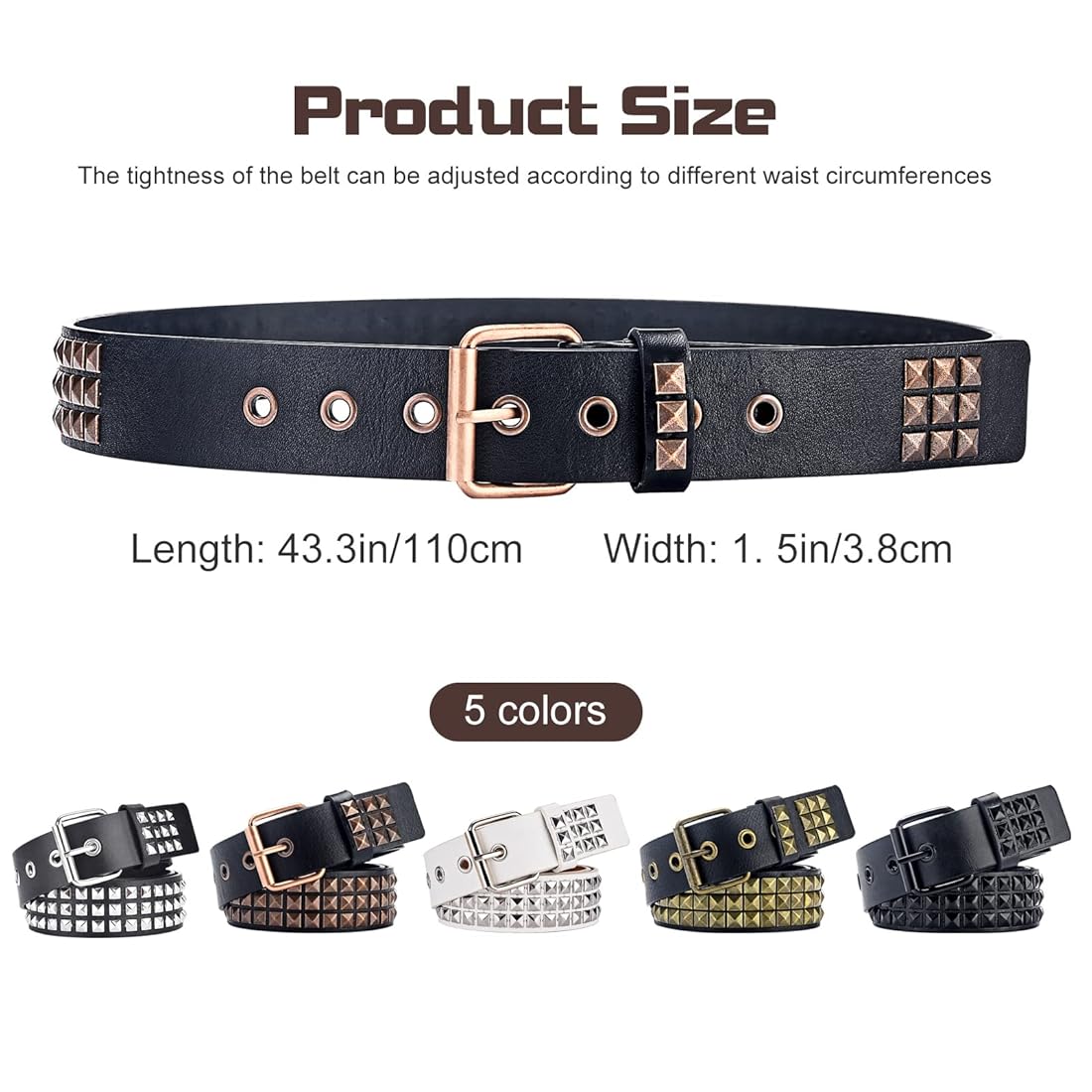 Buy Studded Belt, 3 Row Metal Pyramid Square Beads Punk